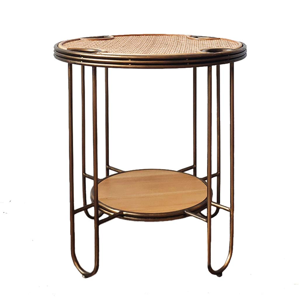 Vintage Rattan Coffee Table with Wrought Iron Bracket - Creative Art Decoration Shelf for Living Room, Office, Balcony - 51×51×56cm - Perfect for Boho Home Decor & Small Space Furniture