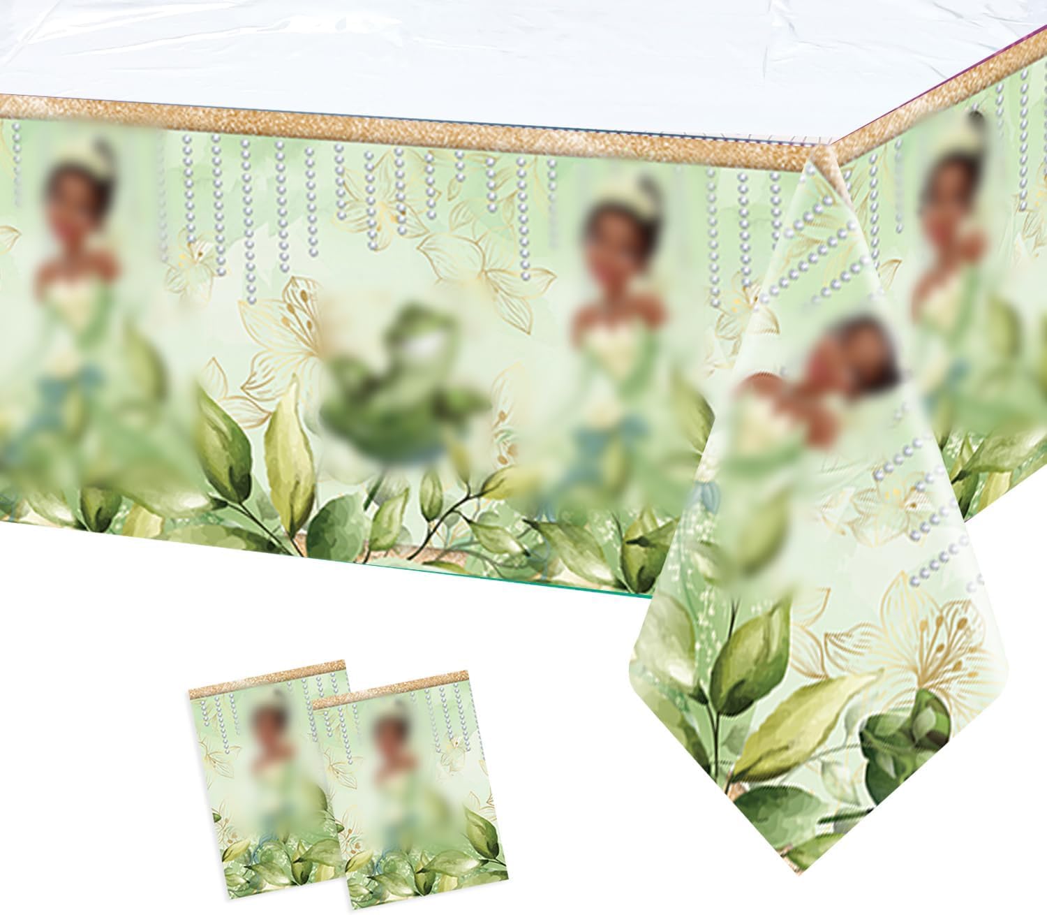 Princess and Frog Themed Green Floral Tablecloth - 70.8 x 42.5 Inch Birthday Party Decorations (2-Pack) for Girls' Princess Tea Party, Baby Shower & Fairy Tale Themed Events