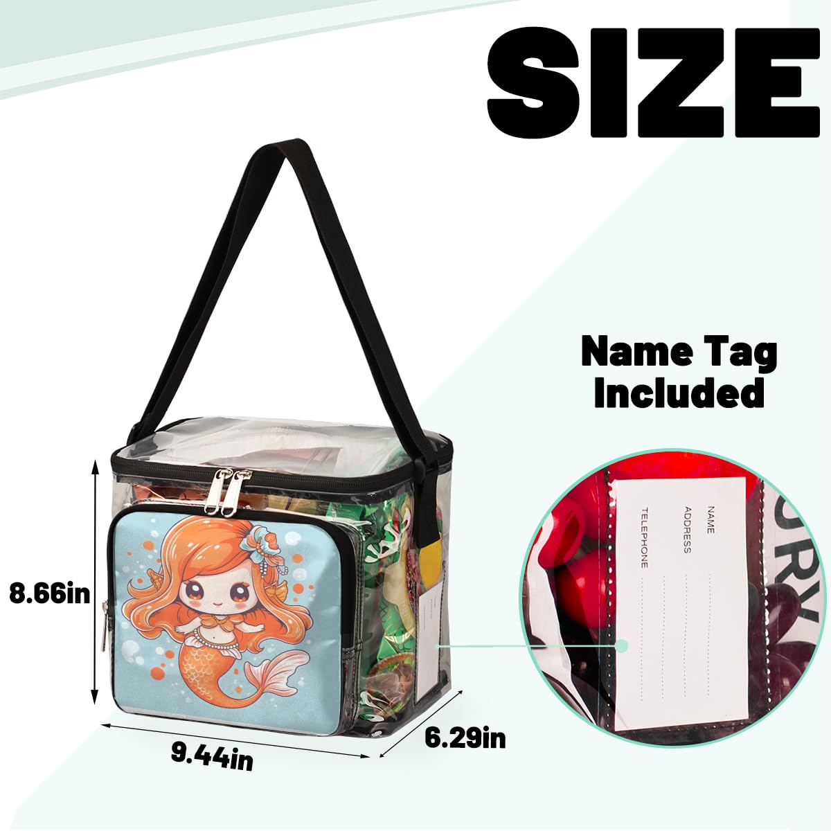 Cute Mermaid Clear Tote Bag with Handles - Transparent Crossbody Shoulder Bag for Women - Perfect for Beach, Travel, Picnic, Concerts & Sports Events (Stadium Approved) - Waterproof Lunch Bag for Outdoor Activities