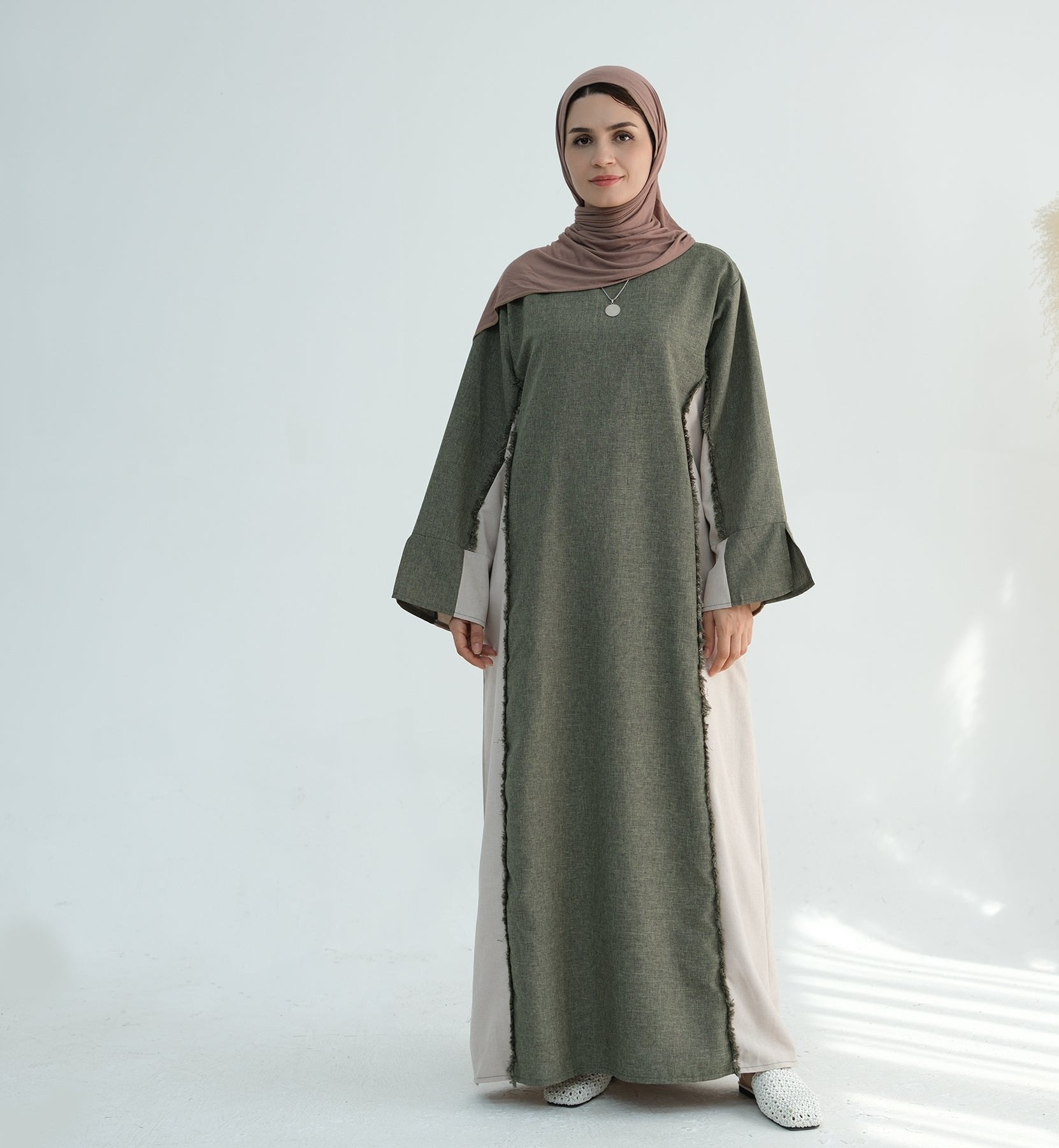 Blair Fringe Abaya Dress for Women - Elegant Long Sleeve Maxi Dress with Embroidery Details in Sage Green - Perfect for Eid, Ramadan, Mosque, and Special Occasions