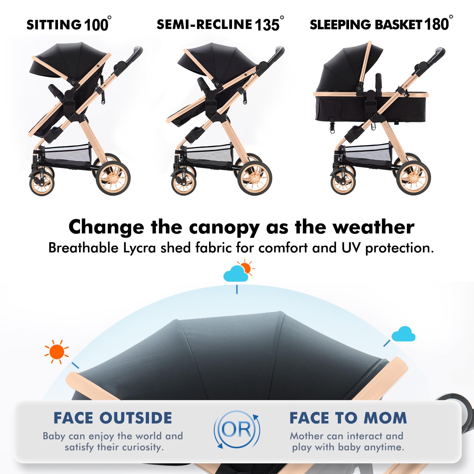 Blahoo Baby Stroller for Toddlers - Lightweight Foldable Aluminum Alloy Bassinet Pushchair with Adjustable Backrest & Reversible Seat | Perfect for Newborns, Infants & Travel | Gold & Black Design
