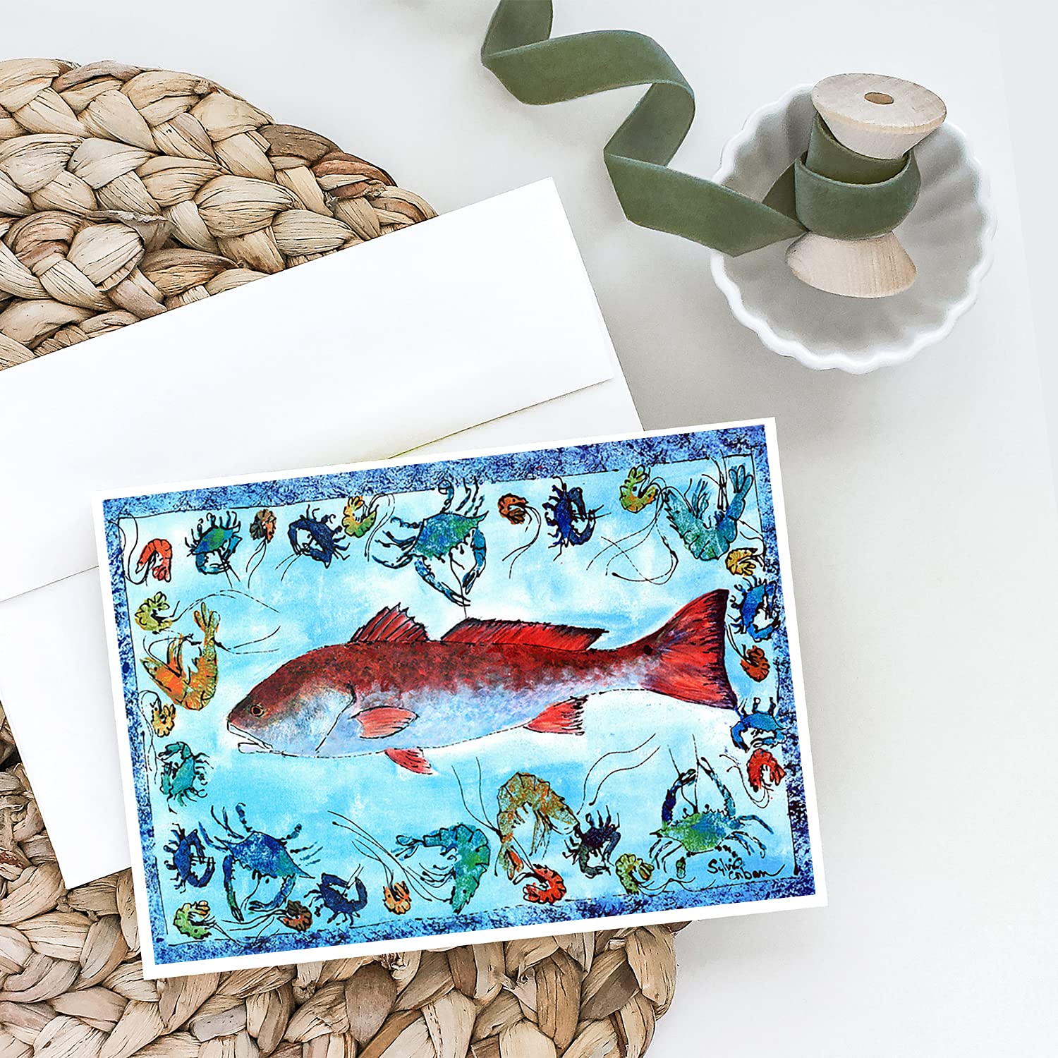 Caroline's Treasures 8087GCA7P Red Fish Greeting Cards - Pack of 8 Blank A7 Note Cards (5x7 Inches) with Envelopes - Whimsical Design for Birthday, Thank You & Holiday Cards