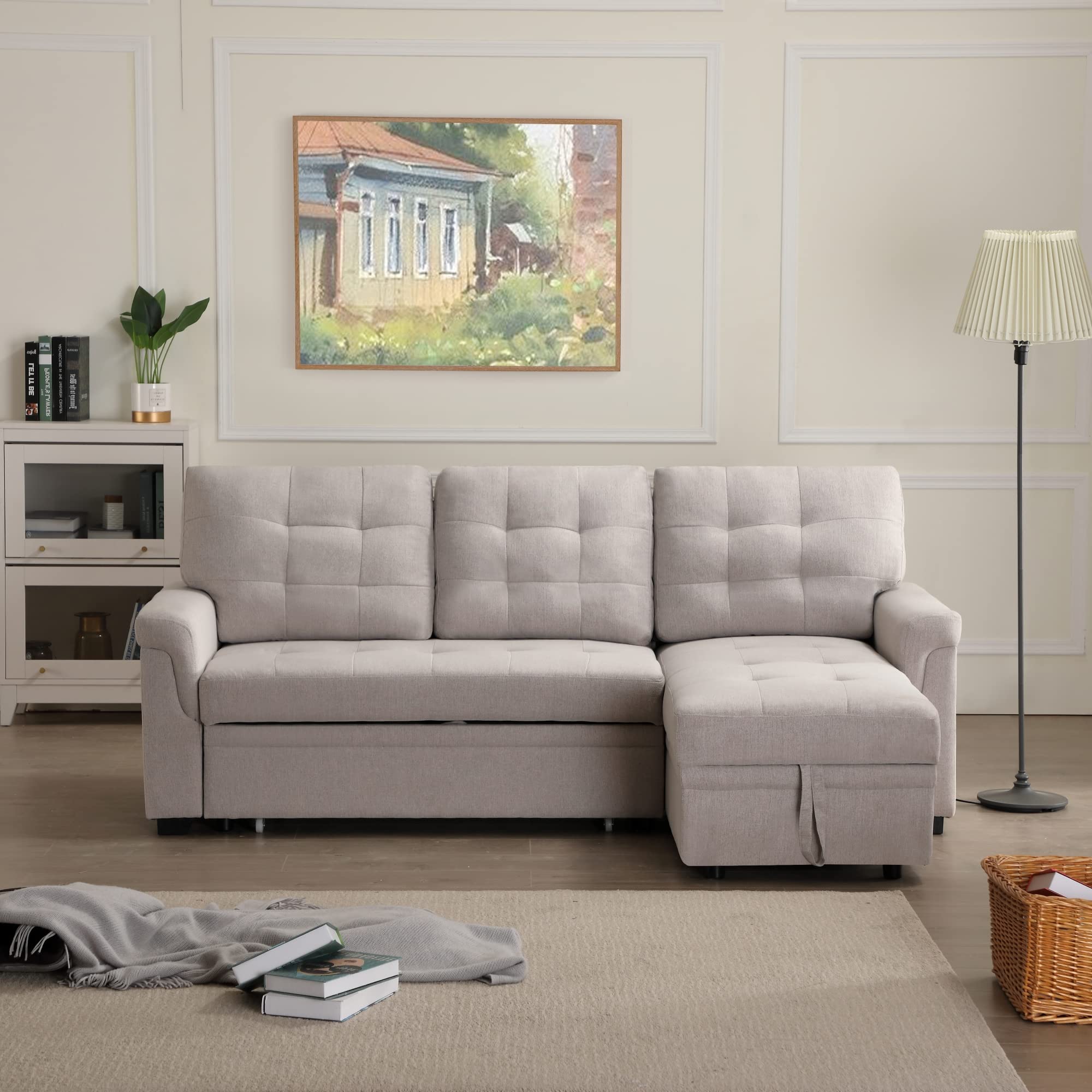Yoglad Convertible L-Shaped Sectional Sofa with Pull Out Bed - Reversible 3-Seater Sleeper Couch with Storage Chaise Lounge, 86