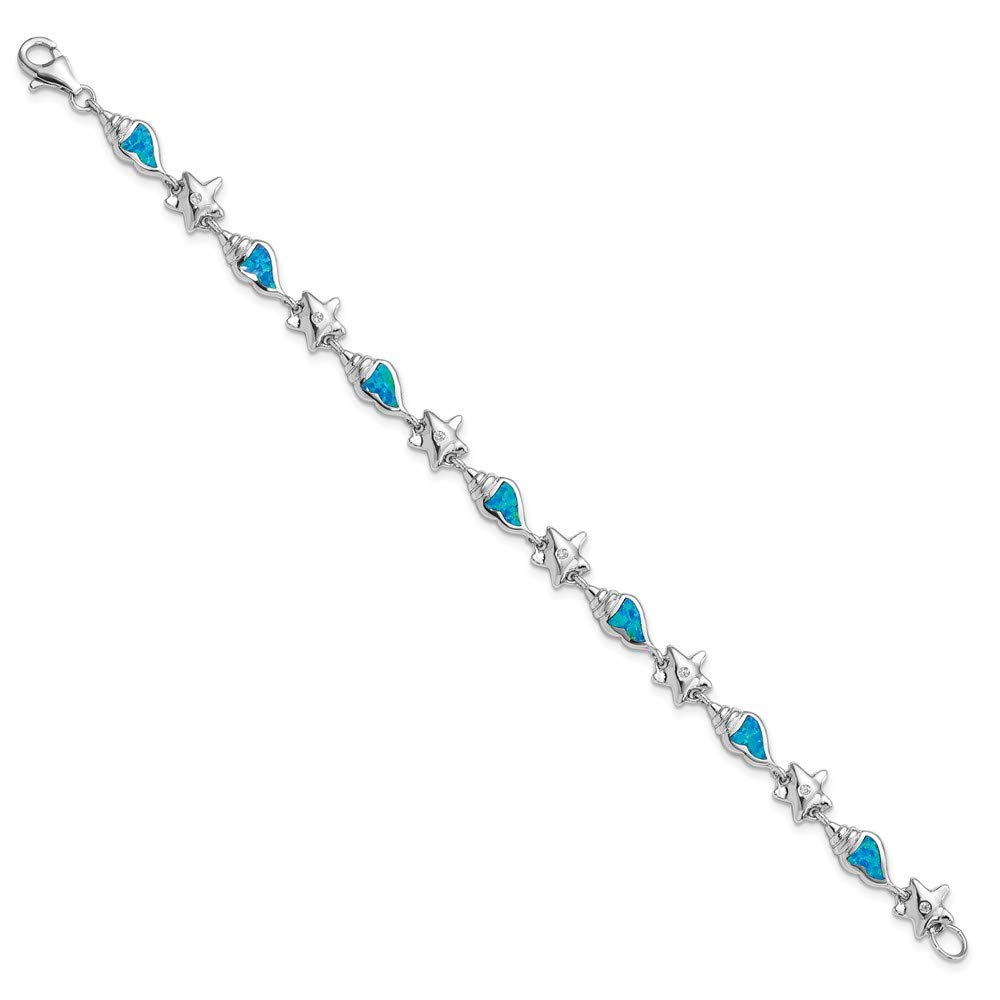 925 Sterling Silver Starfish & Seashell Bracelet with Cubic Zirconia & Blue Opal - Elegant Women's Jewelry Gift for Her (7.25