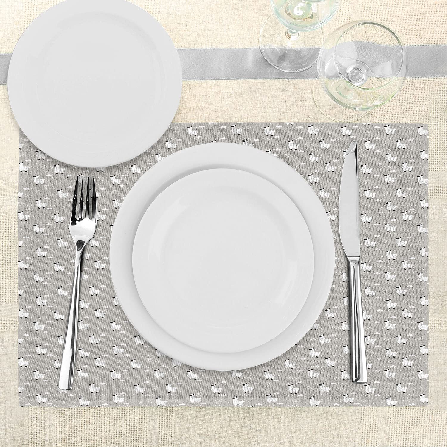 Ambesonne 4-Pack Sheep Placemats - Scandinavian Style Animal Print with Clouds & Polka Dots, Washable Fabric Dining Table Mats in Muted Grey-White Tones | Perfect for Farmhouse, Boho & Modern Home Decor