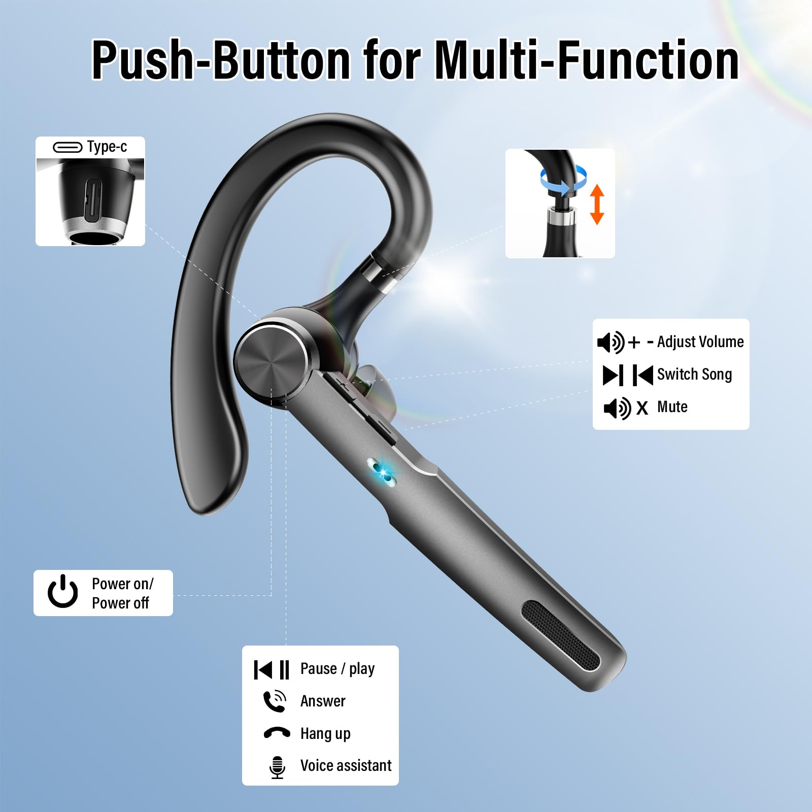 Wireless Bluetooth Headset with ENC Noise Cancelling Mic - 60H Talk Time, Single-Ear V5.3 Earpiece & 400mAh Charging Case - IP7 Waterproof Hands-Free Headphones for iPhone Android Phones (Black) - Perfect for Driving, Office Calls & Remote Work