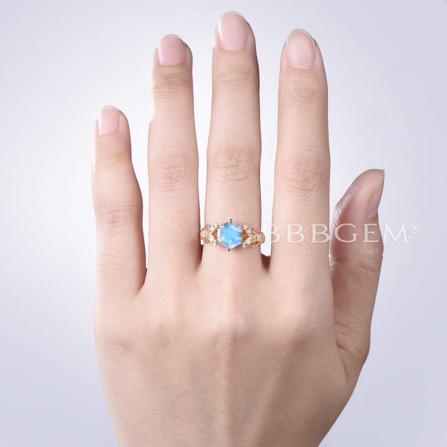Hexagon Natural Moonstone Ring - 14K Gold Butterfly Engagement Ring for Women, Wedding, Anniversary & Gift | Boho Chic Jewelry for Everyday Wear & Special Occasions