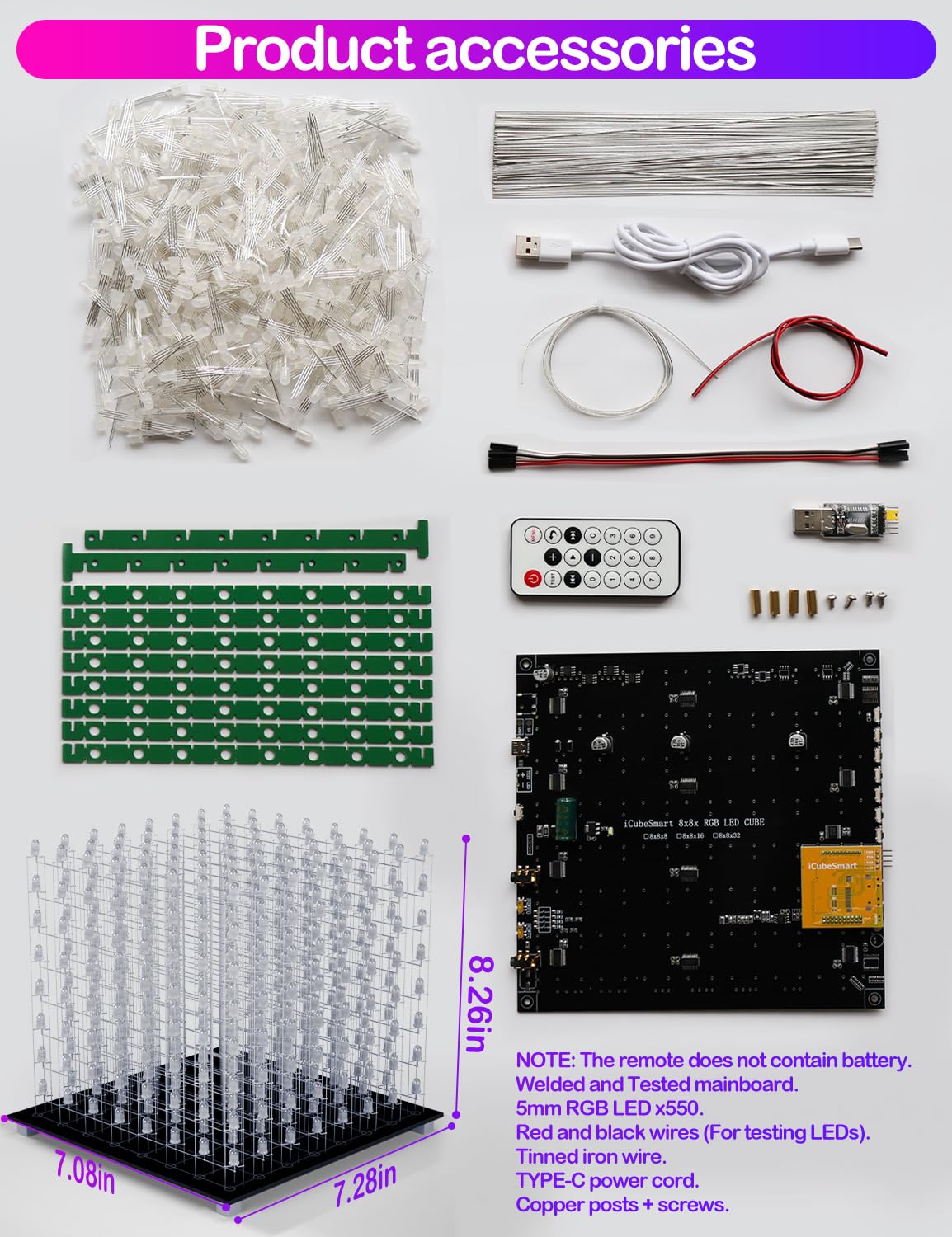 3D8RGB LED Cube Kit - 8x8x8 DIY Electronics Soldering Project with RGB Lights for STEM Learning & Home Decoration | Perfect Gift for Tech Enthusiasts & Hobbyists (3D8RGB-KIT)