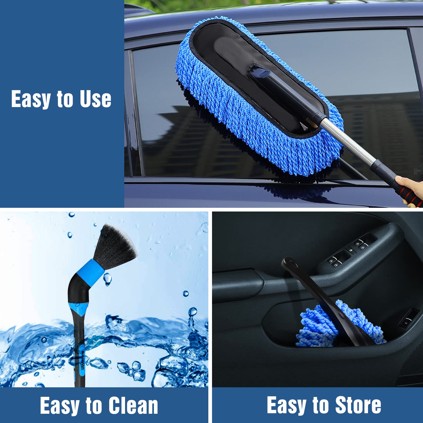 3 Pack Car Duster Kit - Extendable Microfiber Dust Brush, Scratch-Free Dash Duster & Soft Interior Brush for Car, Motorcycle & Home Cleaning - Perfect for Vehicle Detailing & Household Maintenance
