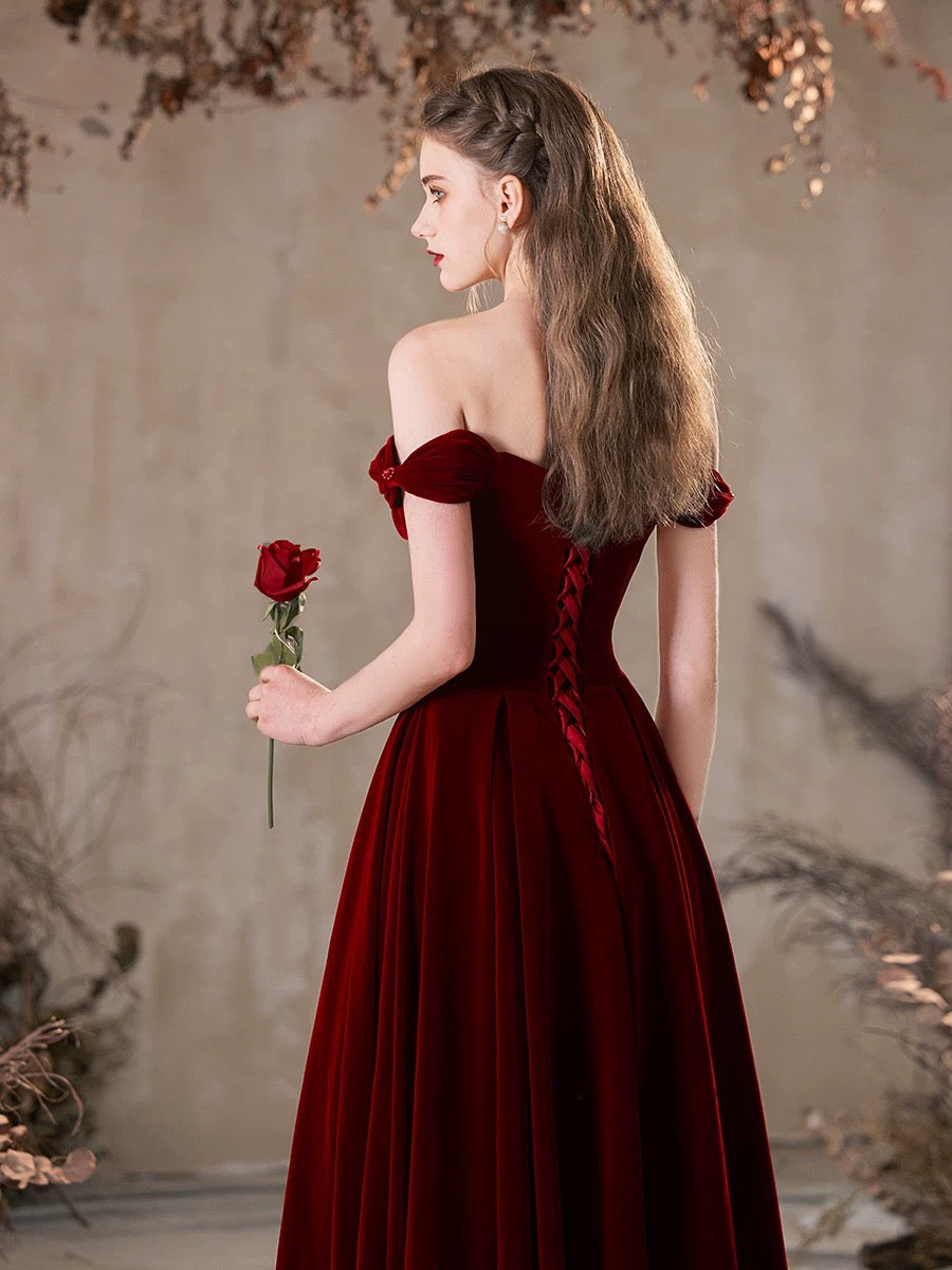 Elegant A-Line Off Shoulder Velvet Burgundy Long Prom Dress for Women - Formal Evening Gown for Homecoming, Wedding, and Special Occasions