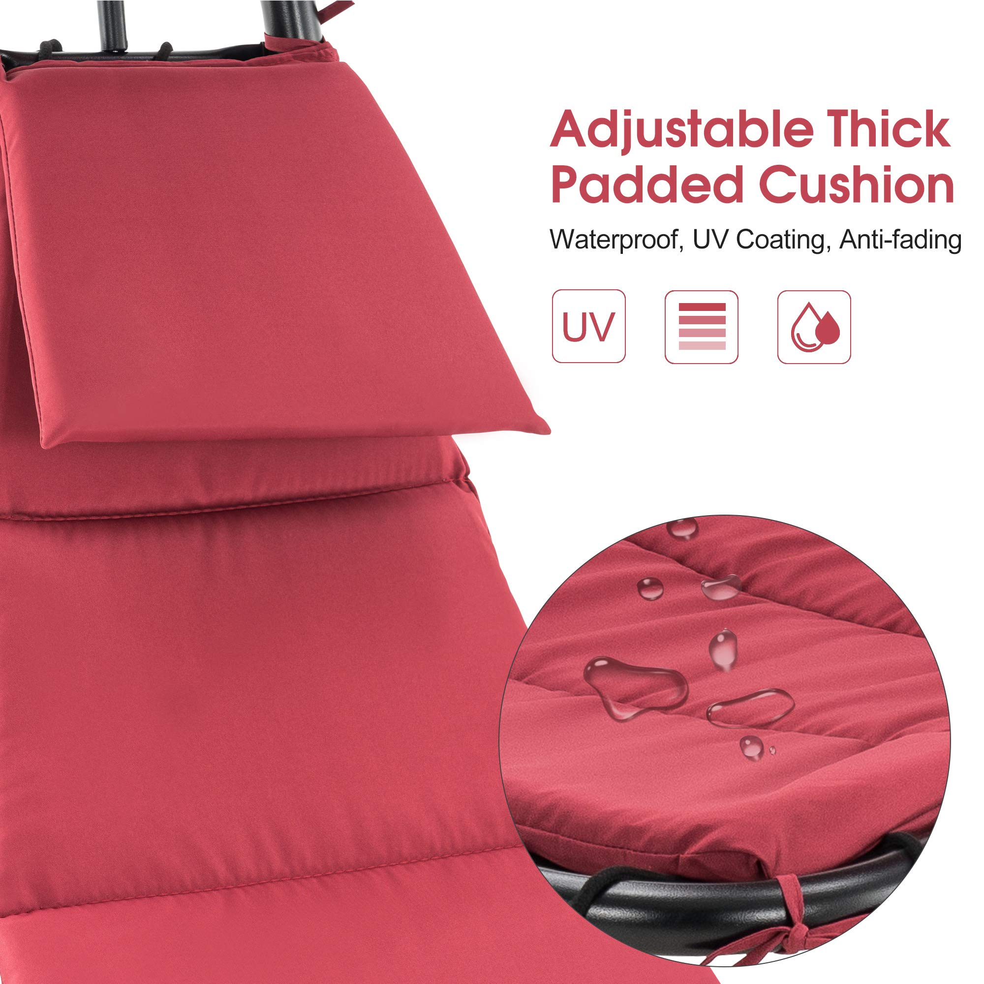 MCombo Outdoor Steel Chaise Lounge Chair with Removable Canopy & Cushions - Adjustable Reclining Patio Chair with Side Pocket & Arc Stand - Perfect for Beach, Poolside, Backyard, Balcony & Porch Relaxation (Burgundy, 4097) - Ideal for Sunbathing, Lounging & Outdoor Leisure Activities