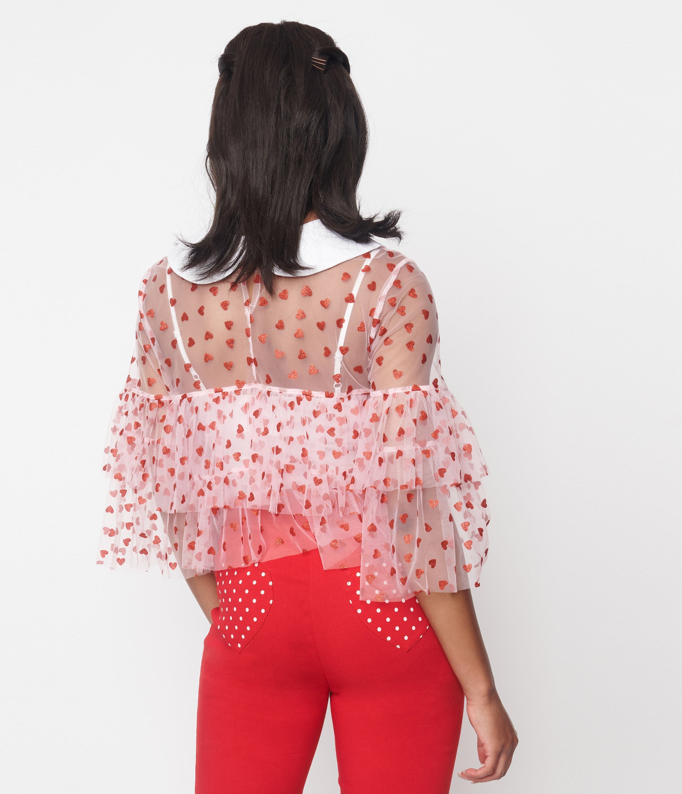 Smak Parlour Pink & Red Glitter Hearts Mesh Ruffle Top - Women's Party Blouse for Valentine's Day, Date Night & Special Occasions