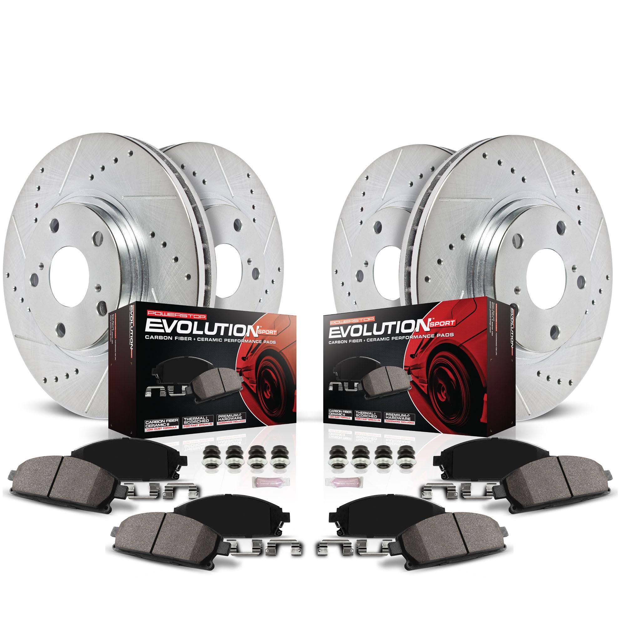 Power Stop K2751 Z23 Carbon Fiber Brake Pads & Drilled Slotted Rotors Kit - Front & Rear Brake Upgrade for Cars, Trucks, SUVs | High-Performance Braking for Daily Driving & Racing