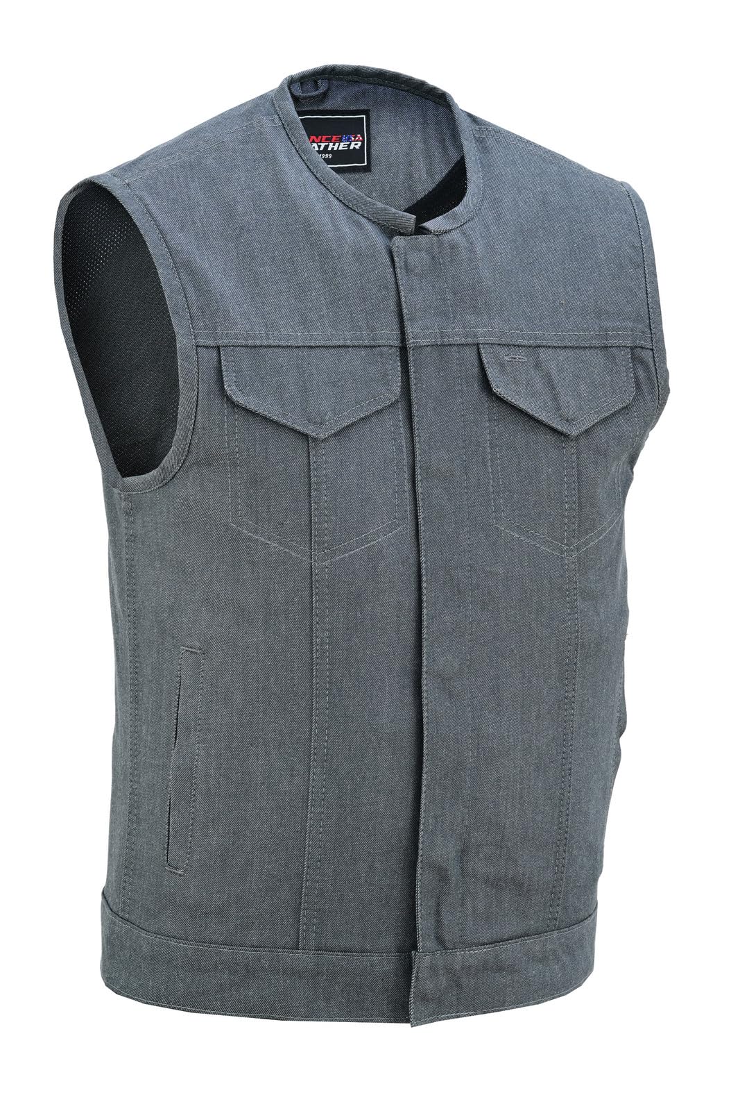 Vance Leather Men's Black Denim Collarless Club Vest with Conceal Carry Pockets - Stylish Motorcycle Jacket for Bikers & Outdoor Enthusiasts