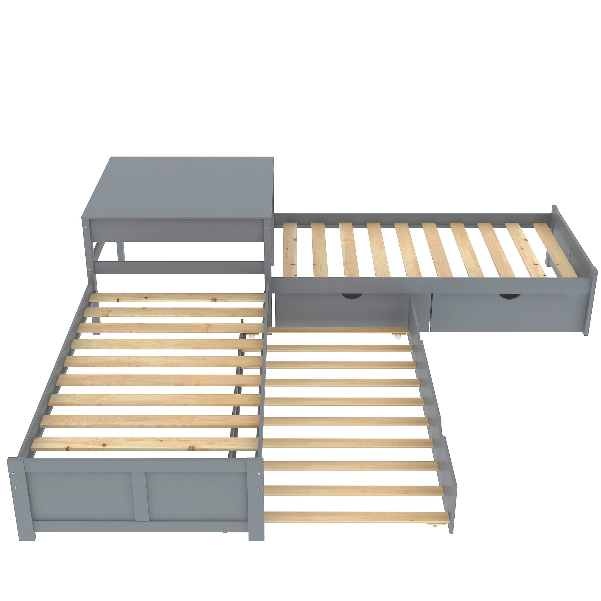 SOFTSEA L-Shaped Bed Frame with Trundle and Storage Drawers - Low Profile Corner Bed Platform with Built-in Nightstand for Small Spaces | Perfect for Studio Apartments, Dorm Rooms & Kids' Bedrooms