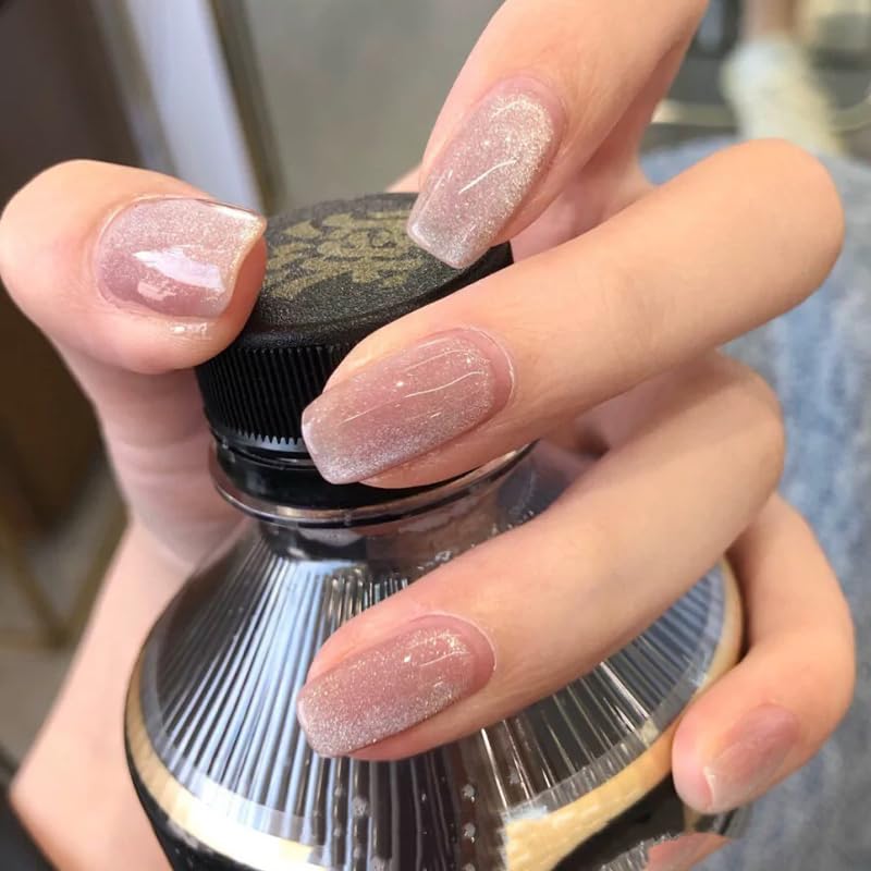 Medium Square Short Press on Nails - Glitter Nude Natural Fake Nails with Cat Eye Design, Glossy Full Cover False Acrylic Glue Stick on Nails for Women (24Pcs) - Perfect for Parties, Weddings, Date Nights & Everyday Wear