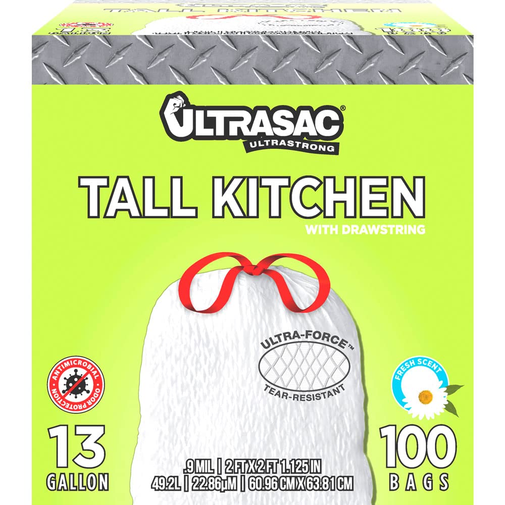 Ultrasac 13 Gallon 0.9 MIL Fresh Scent White Drawstring Kitchen Trash Bags - 24