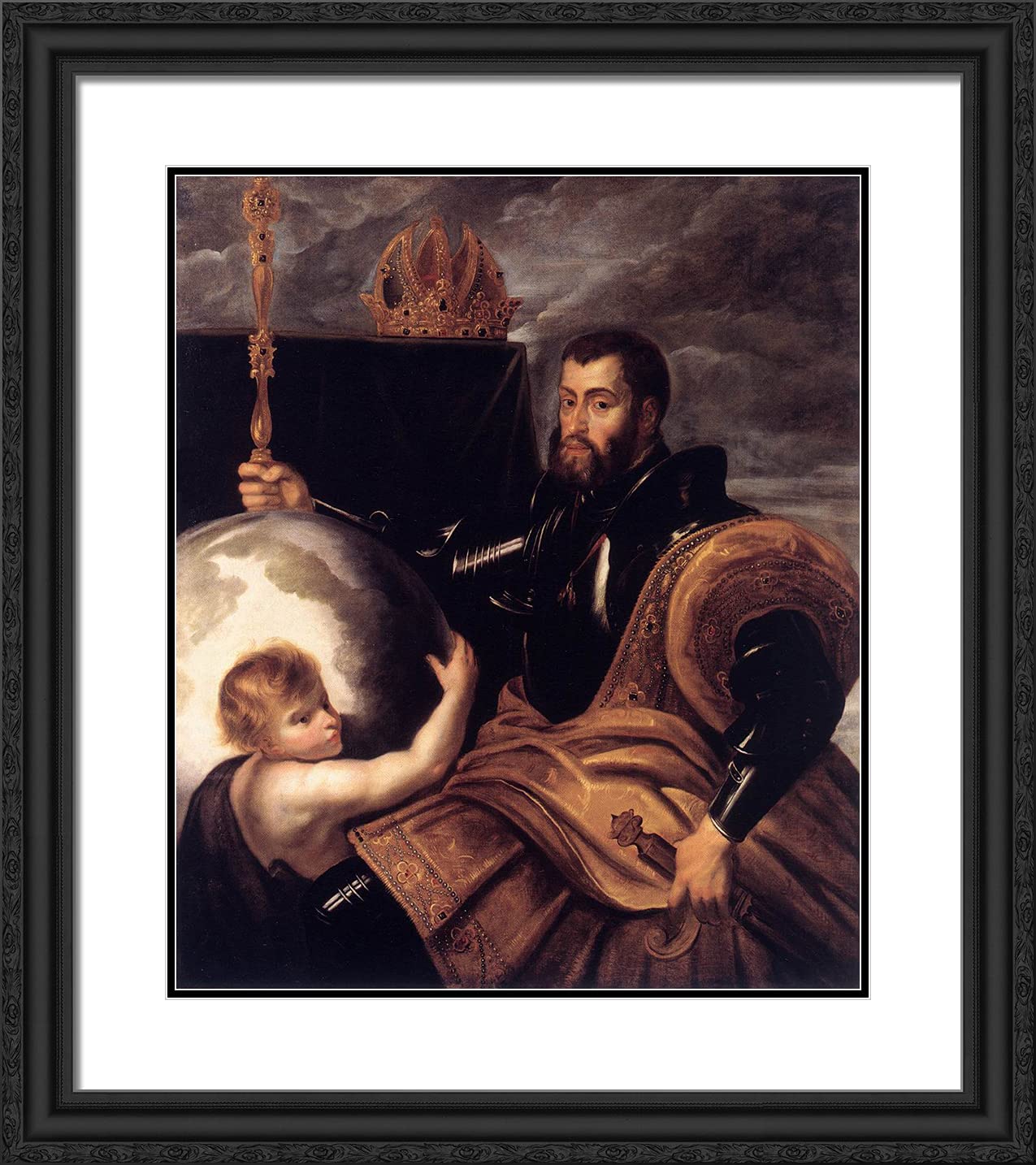 Peter Paul Rubens 'Allegory on Emperor Charles as Ruler of Vast Realms' 20x22 Inch Black Ornate Framed Art Print with Double Matting - Classic Wall Decor for Living Room, Office & Study