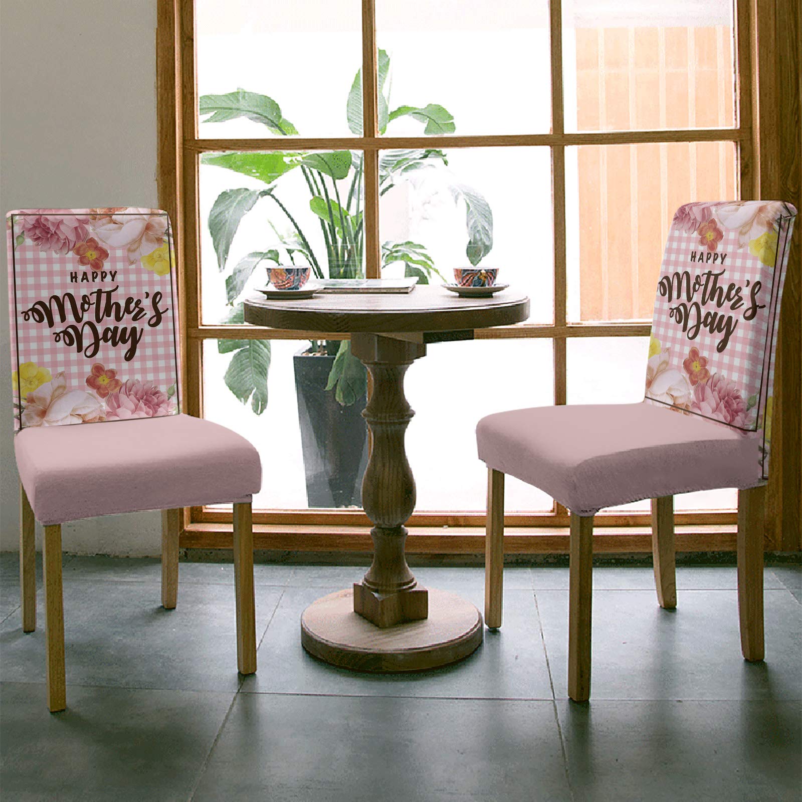 Happy Mother's Day Gift - 8 Pack Floral Pink Buffalo Check Stretch Dining Chair Covers | Washable Slipcovers for Kitchen, Restaurant & Party Decor | Perfect for Home, Wedding & Holiday Gatherings