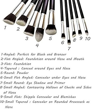 ZemGlam 10-Piece Professional Makeup Brush Set - 5 Large & 5 Small Cosmetic Brushes (Black & Silver) for Foundation, Blending, Contouring & Eyeshadow - Perfect for Travel & Everyday Makeup