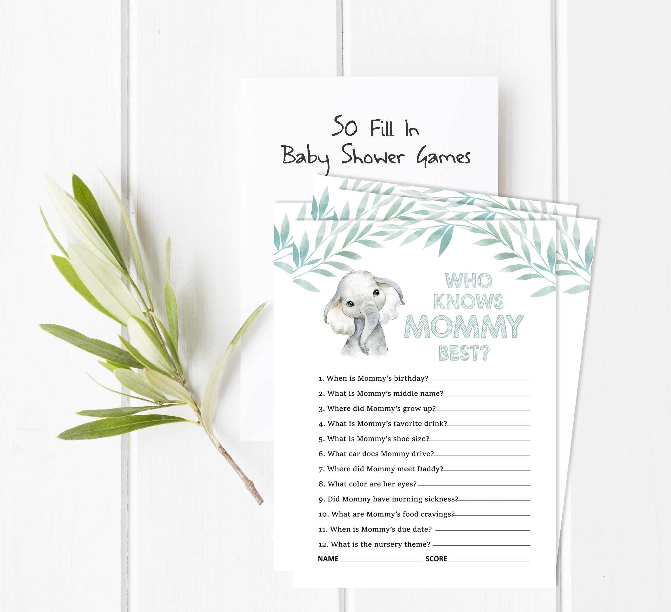 Gender Neutral Baby Shower Game Cards - Set of 50 Fun 'Who Knows Mommy Best' Activity Cards for Elephant Theme Parties | Perfect for Baby Showers, Gender Reveals & Family Game Nights
