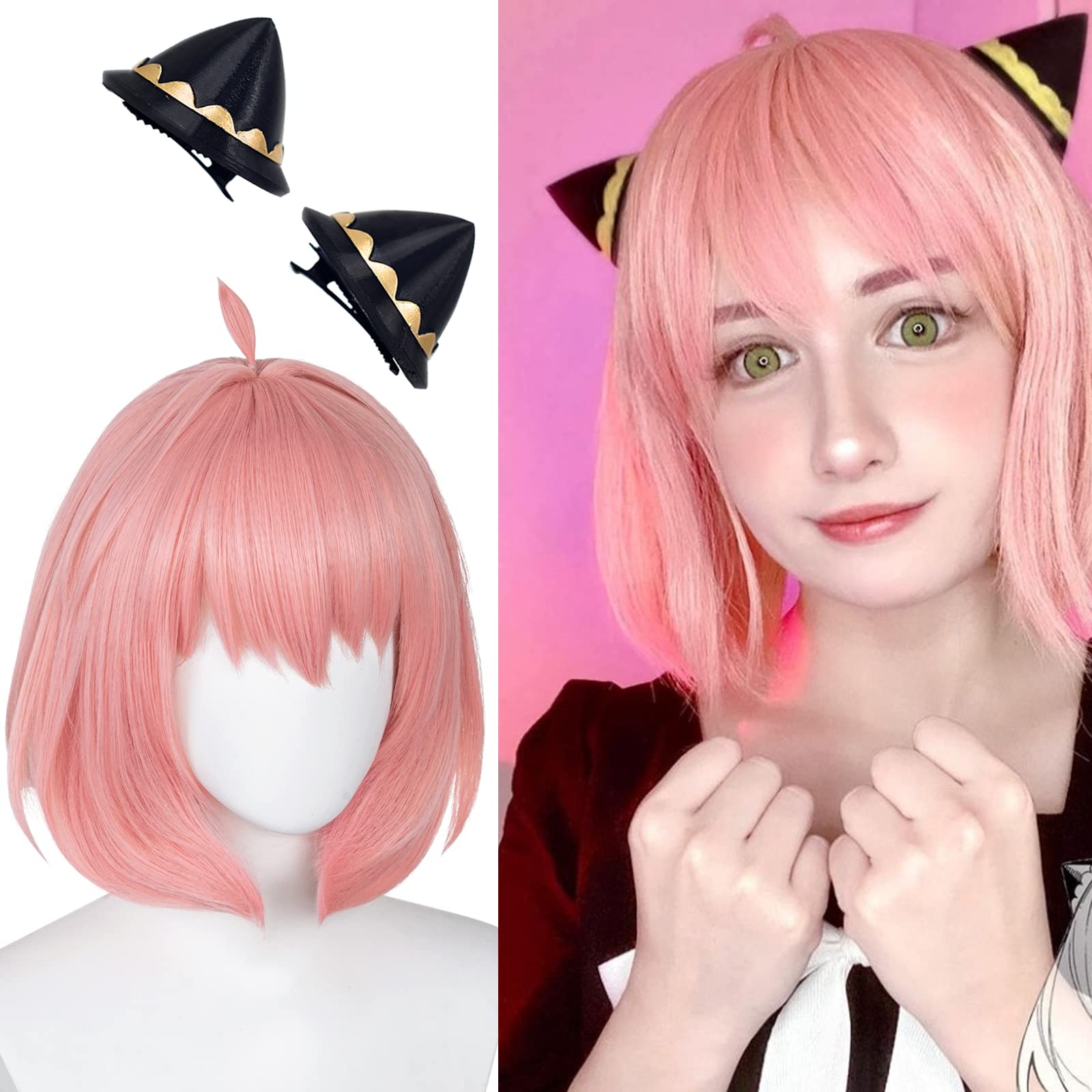 Short Pink Bob Wig with Bangs - Anime Cosplay Synthetic Hair Wig for Women & Girls - Includes Cute Hair Clips & Wig Cap - Perfect for Halloween, Parties & Daily Wear