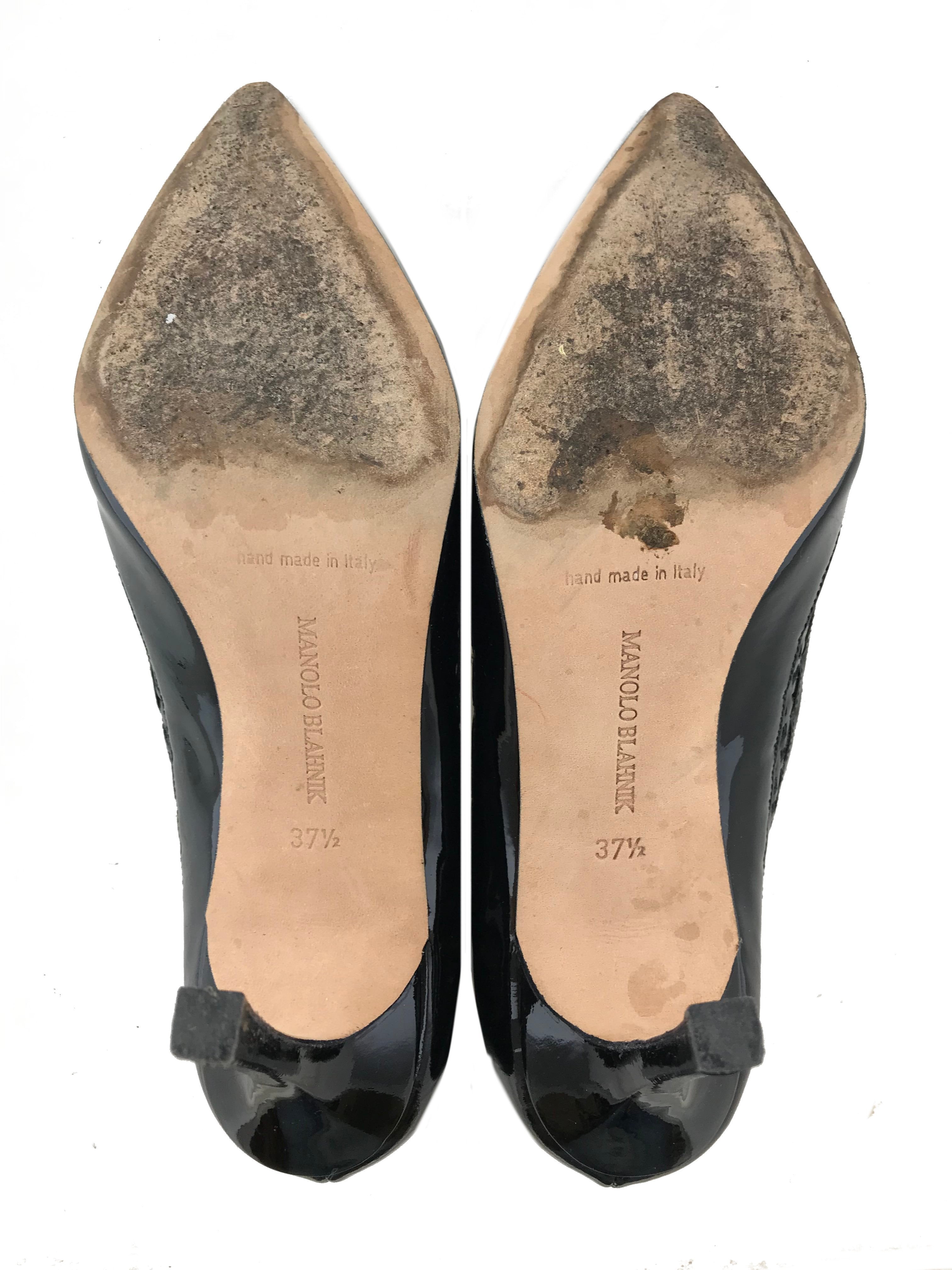 Manolo Blahnik Women's Patent Leather Laser Cut Pointed Toe Pumps - Size 7.5 US | Elegant High Heel Shoes for Weddings, Parties & Office Wear