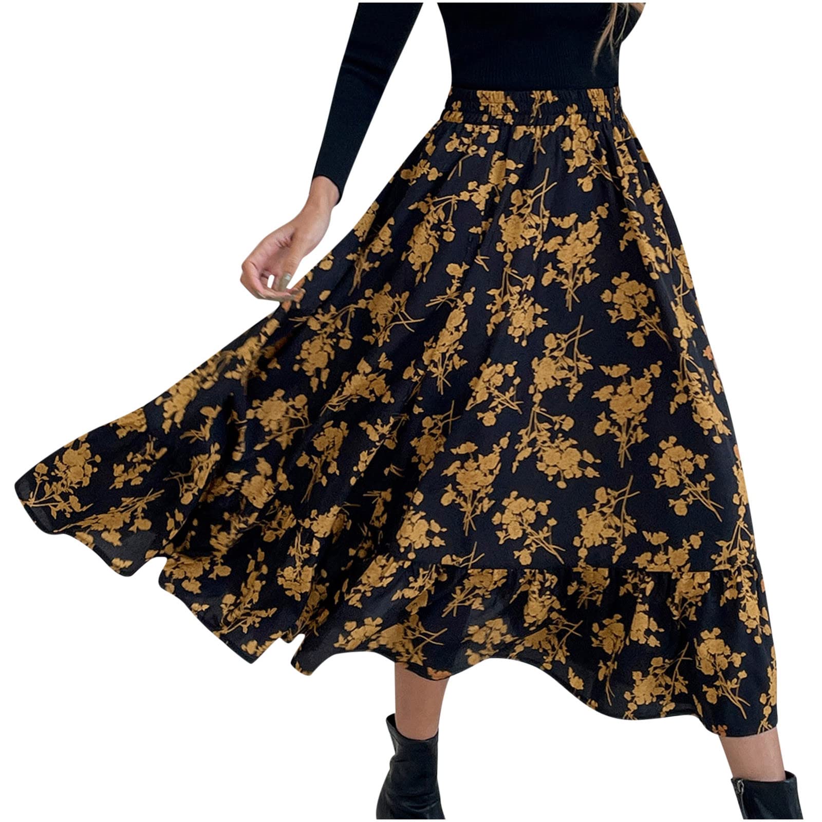 Floral Skirt for Women - Elastic High Waist A-Line Vintage Ruffle Midi Boho Skirt | Summer Beach Wedding, Party, Vacation Outfit