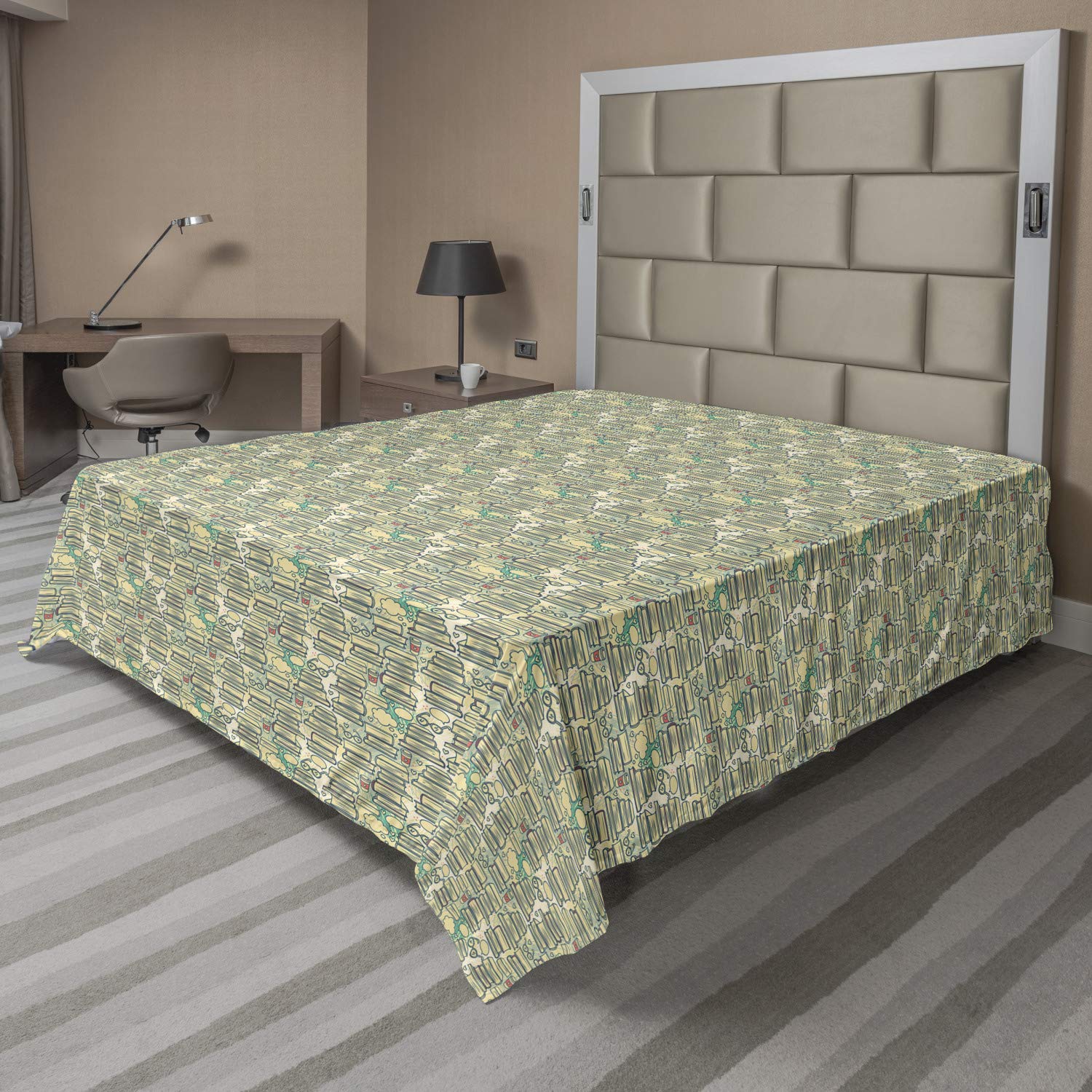 Ambesonne Book Lover Queen Size Flat Sheet - Soft Comfortable Decorative Bedding with Stacks of Books, Thought Bubbles, Glasses & Coffee Cup Design in Cream Almond Green | Perfect for College Dorms, Reading Nooks & Bookworm Bedrooms