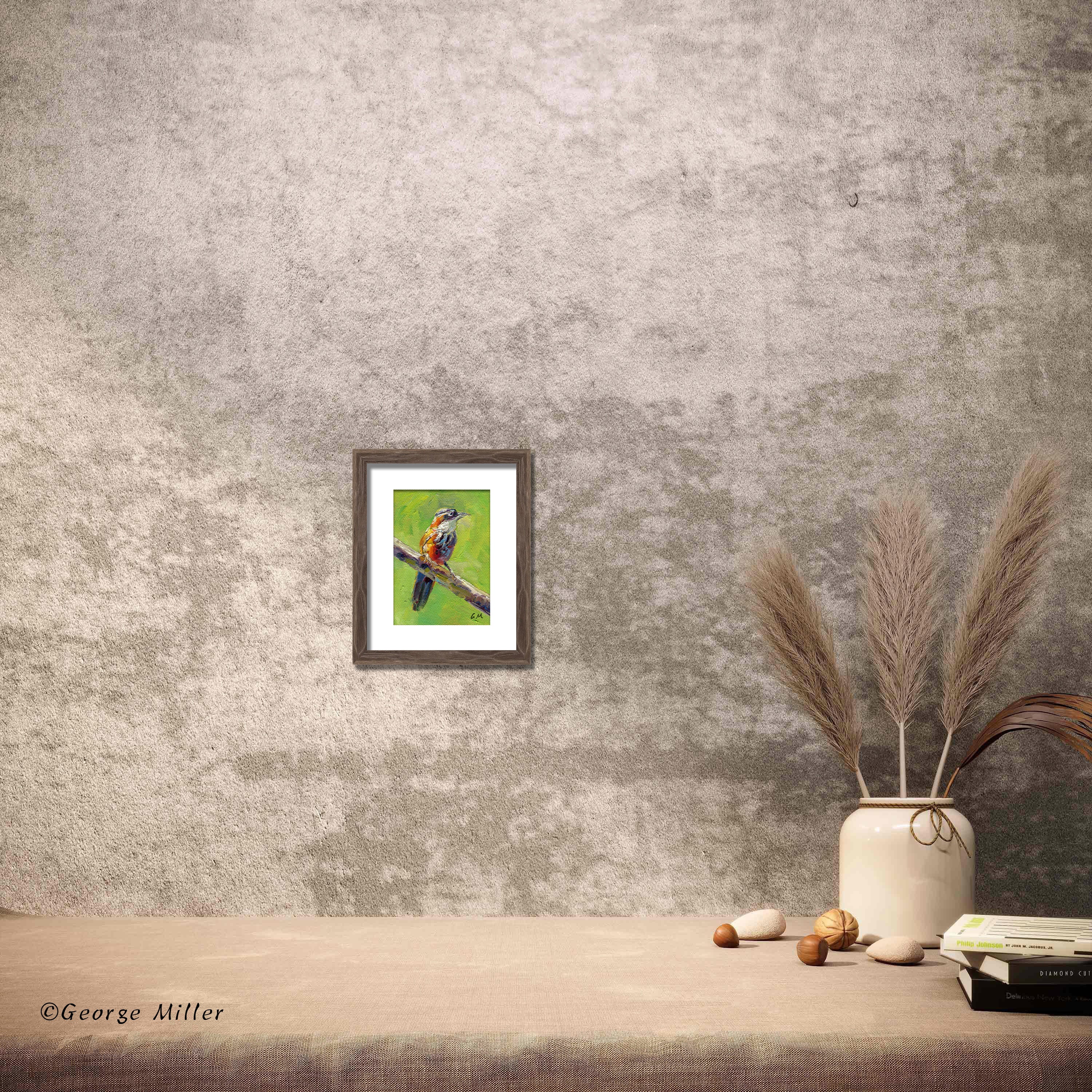 Modern Oil Painting - Bird on Branch Textured Artwork, Handmade Original Wall Decor for Living Room, Bedroom & Office