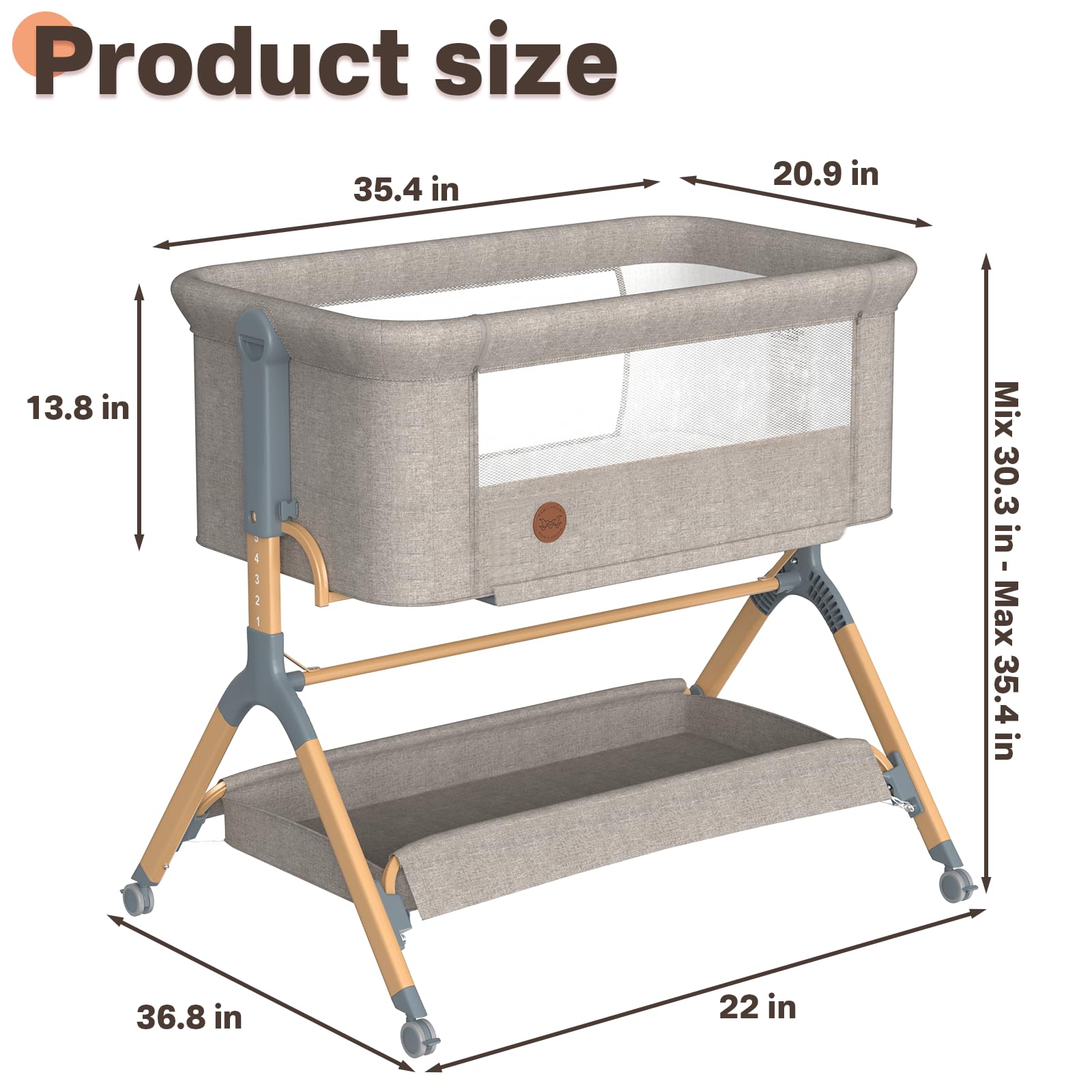 Portable Baby Bassinet with Waterproof Mattress Cover - Adjustable Height Bedside Crib with Wheels & Storage for Newborns (Warm Beige) | Perfect for Nursery, Bedroom & Travel Use