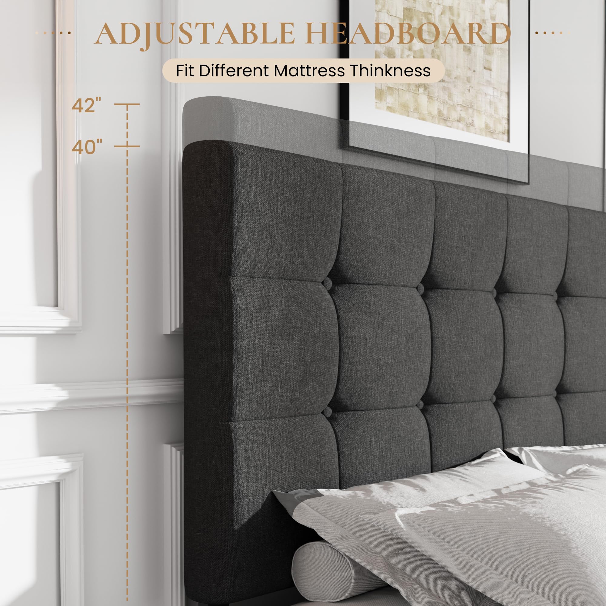 Queen Size Upholstered Platform Bed Frame with 4 Storage Drawers & Adjustable Headboard - Dark Grey Tufted Design, Wooden Slat Support, No Box Spring Needed | Perfect for Small Bedrooms, Guest Rooms & Modern Apartments
