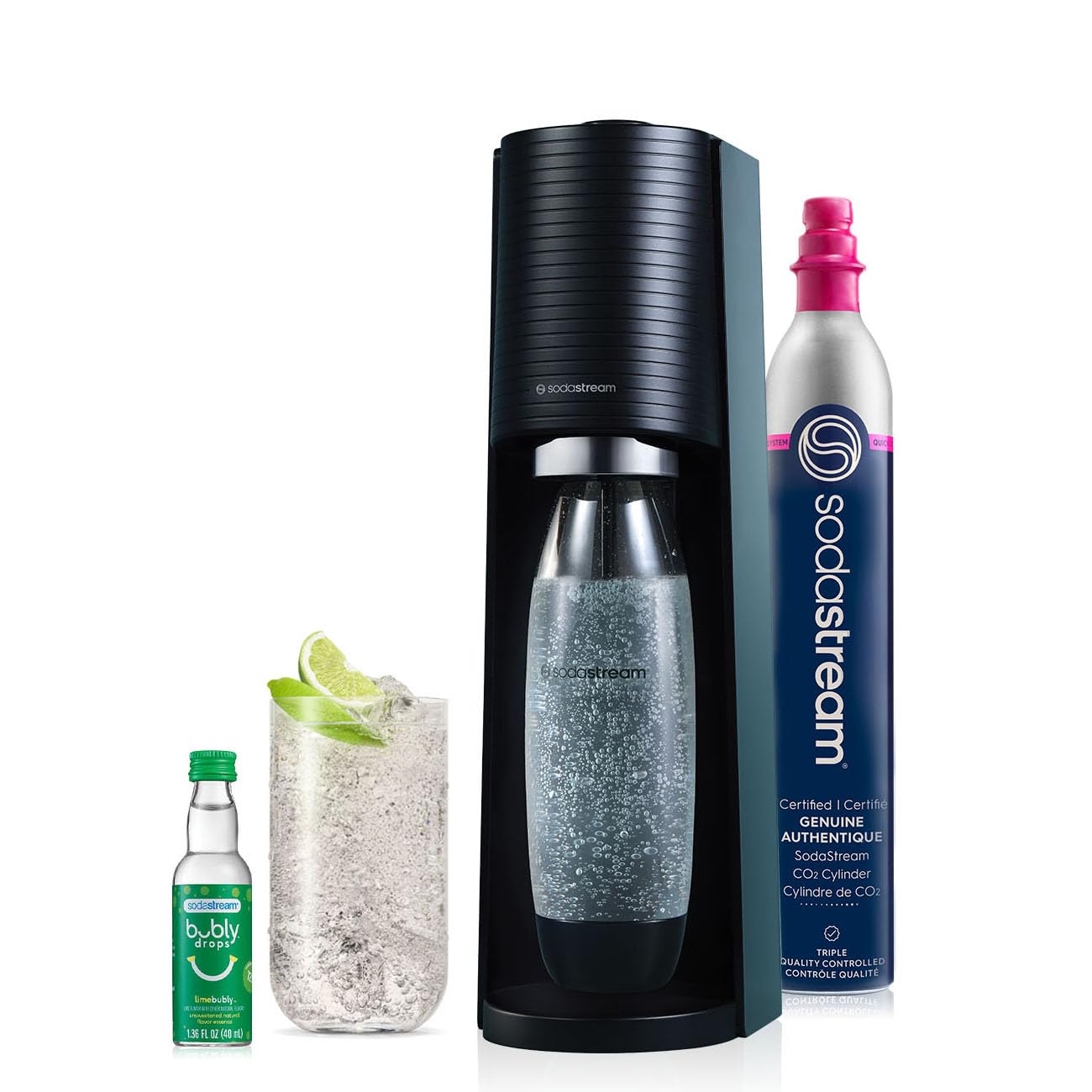 SodaStream Terra Sparkling Water Maker Starter Kit with CO2 Cylinder & Bubly Drops - Eco-Friendly Home Soda Machine, No Batteries Needed - Black - Perfect for Kitchen, Office, Parties & Healthy Hydration