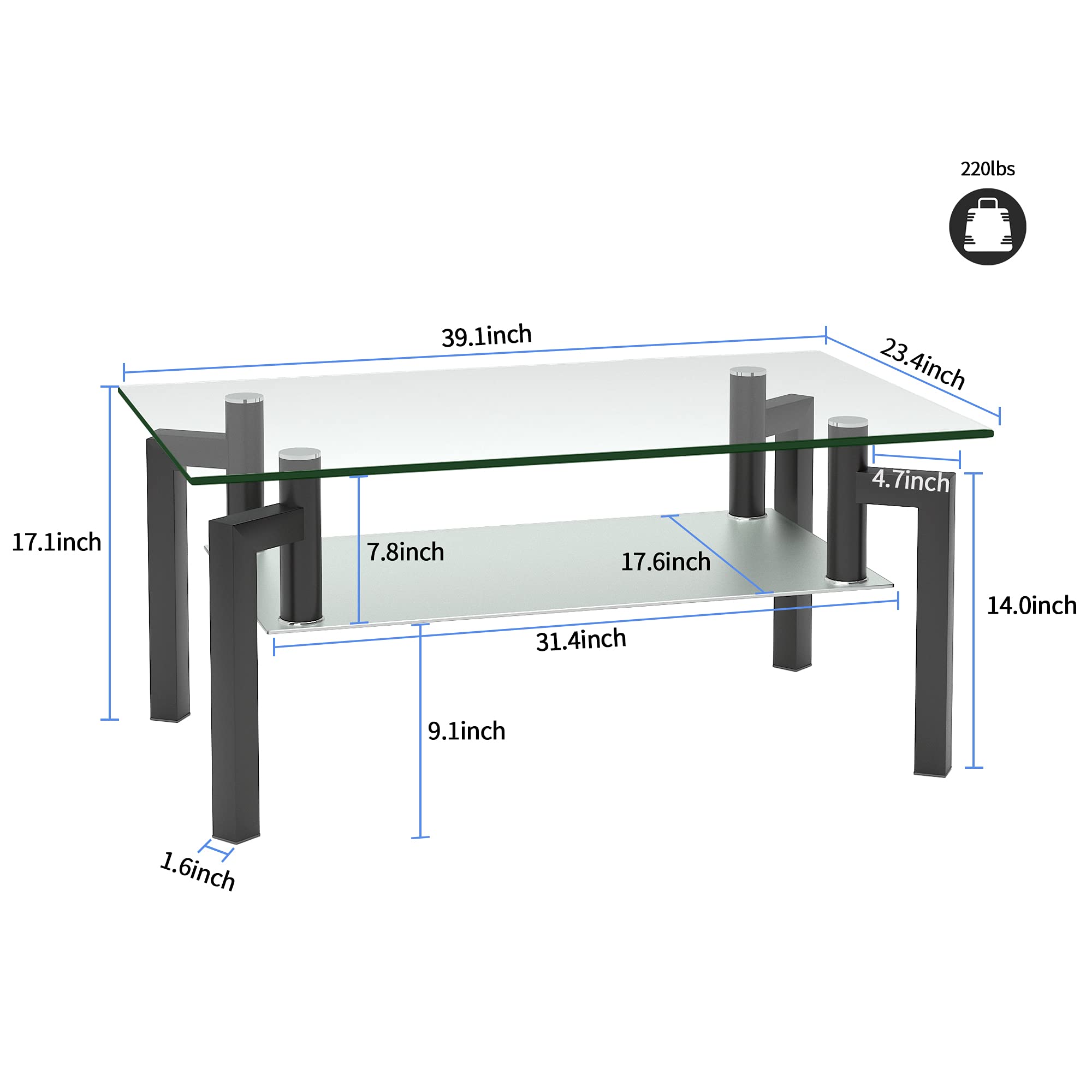 IANIYA Black Rectangle Glass Coffee Table with Tempered Metal Tube Legs - Modern Living Room Furniture for Home Decor & Entertainment