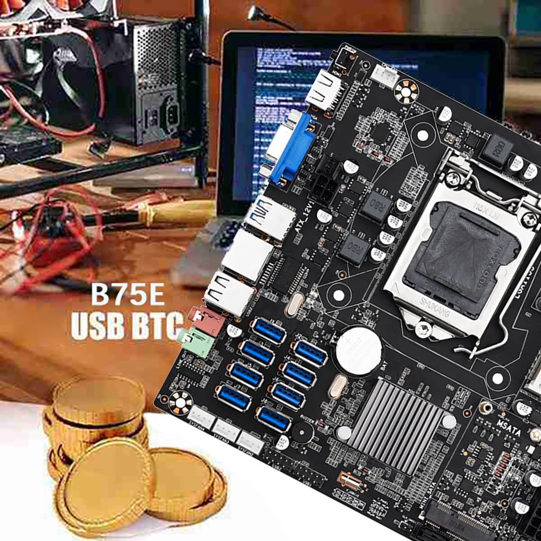 Lodokdre B75E 8 Card BTC Mining Motherboard with Intel B75 Chipset, LGA1155 Socket, DDR3 RAM, 8 USB 3.0 Ports - Includes CPU, CPU Fan, Thermal Grease & SATA Cable - Perfect for Bitcoin Mining Rigs & Crypto Mining Setup