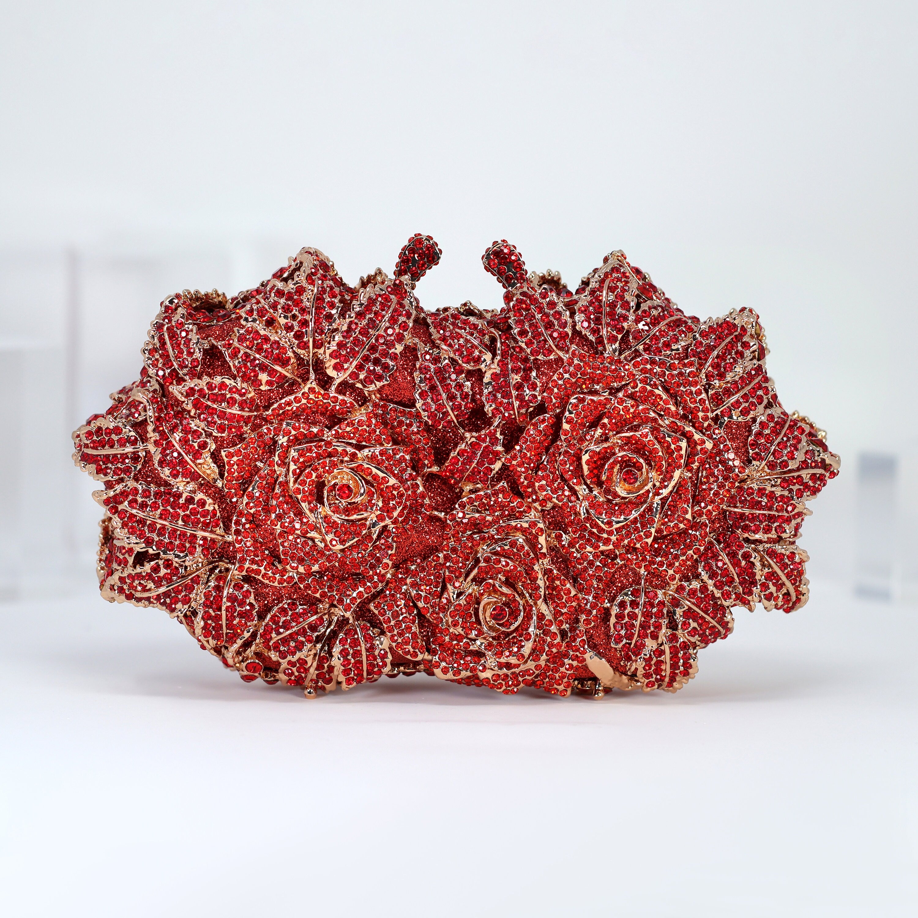 Red Rose Rhinestone Floral Wedding Clutch - Elegant Evening Bag for Brides, Prom & Special Events | Crossbody Statement Purse for Weddings, Parties & Date Nights