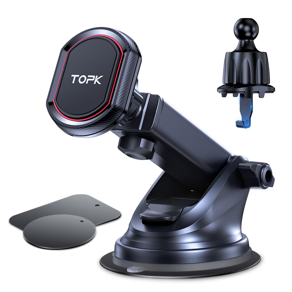 TOPK 2-in-1 Magnetic Car Phone Holder Mount - Strongest Magnet for iPhone & Android - Adjustable Long Arm for Air Vent, Windshield & Dashboard - Perfect for Driving, GPS Navigation & Hands-Free Calls