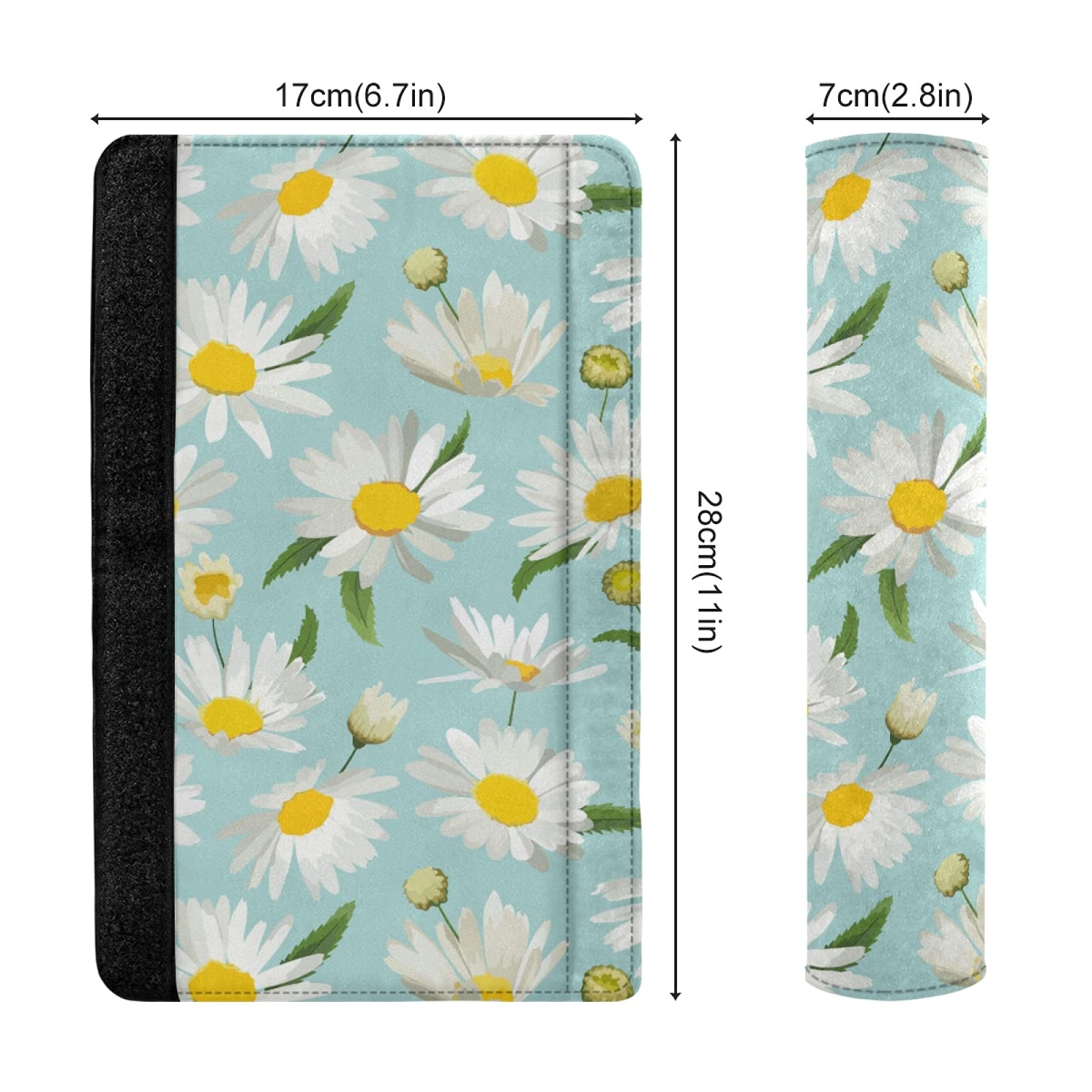 White Daisy Flowers with Green Leaves Seamless Turquoise Adjustable Car Seat Belt Pad Cover - Universal Shoulder Strap Cushion for Adults & Kids - Comfortable Driving Accessory for Long Trips & Daily Commutes