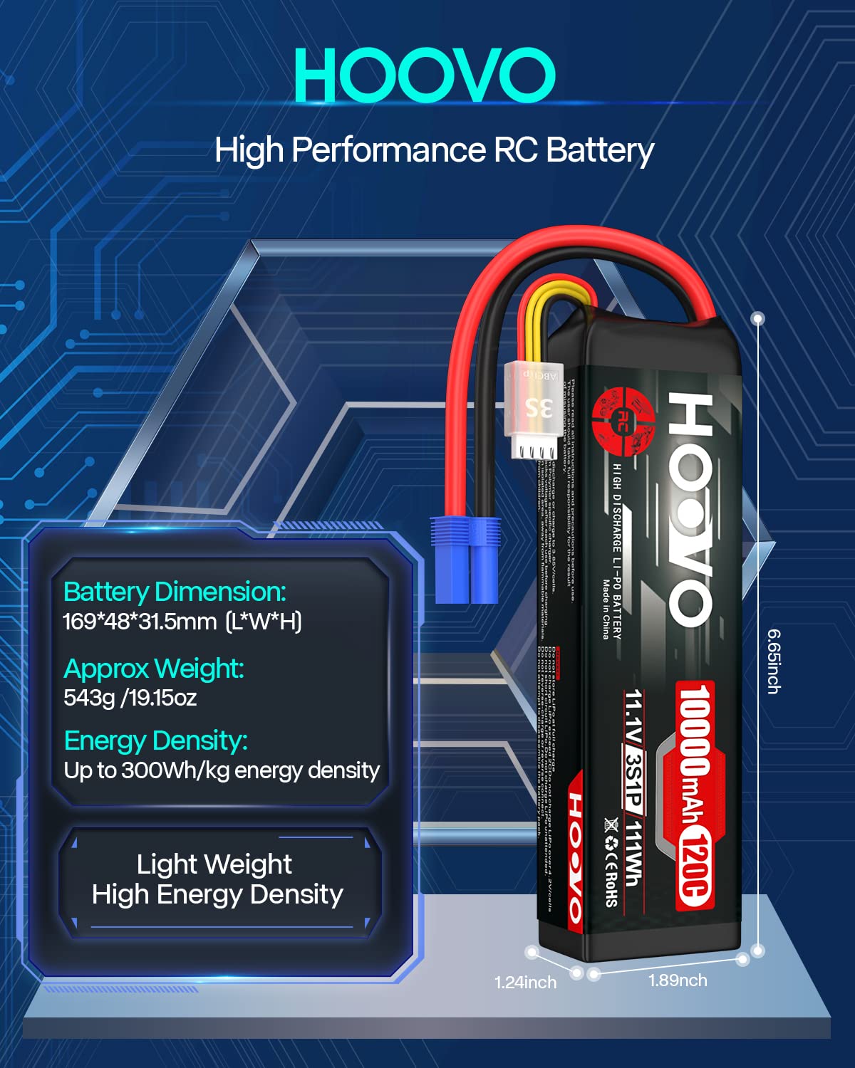 HOOVO 3S Lipo Battery 11.1V 10000mAh 120C High Performance RC Battery with EC5 Plug - 2 Pack for RC Cars, Drones, FPV, DJI, RC Planes & Racing Hobbies | Perfect for Long Flight Time & High Speed Racing