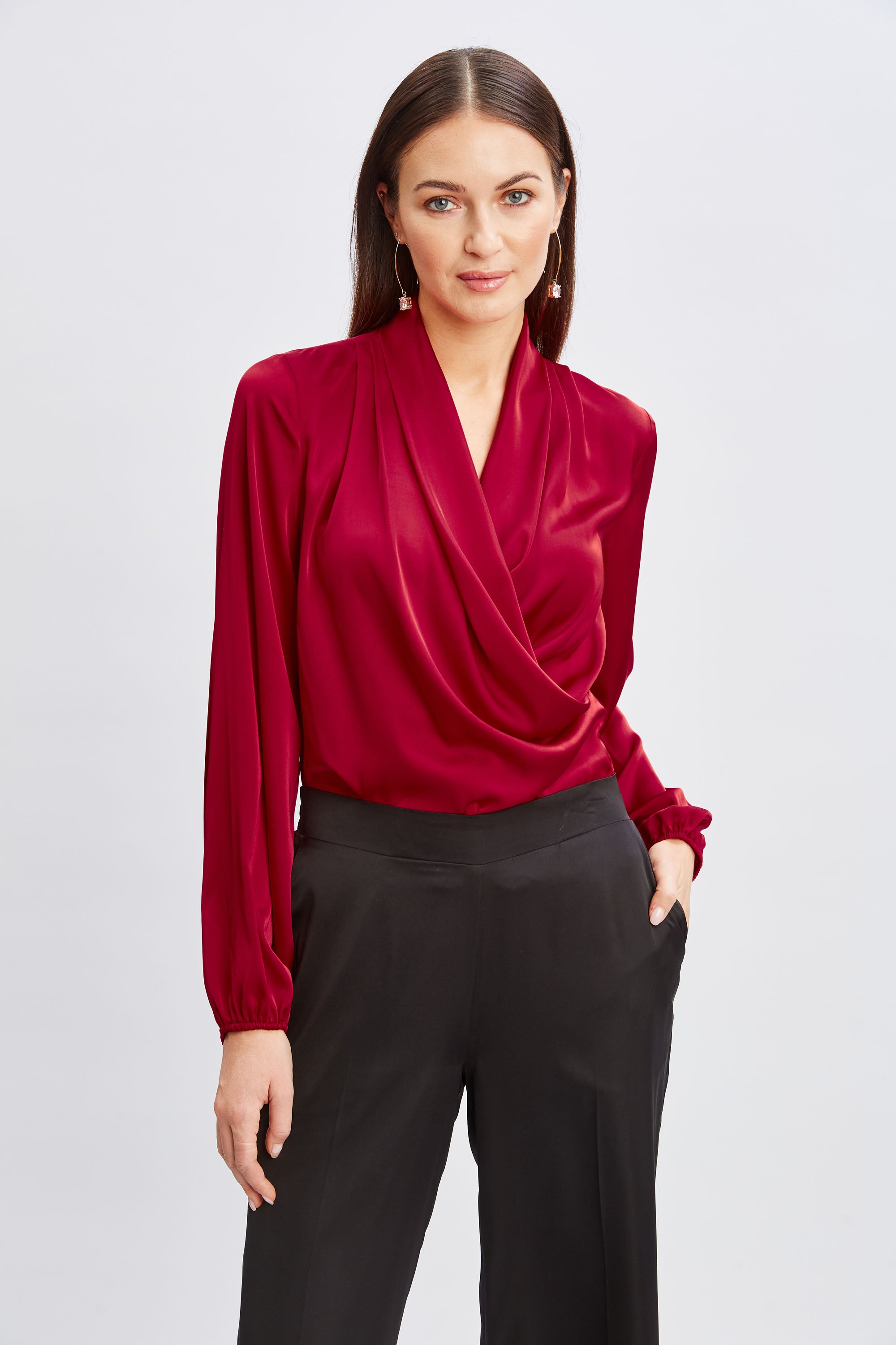 Tahari Faux Wrap Satin Blouse for Women - Elegant V-Neck Sleeveless Top for Office, Party & Evening Wear