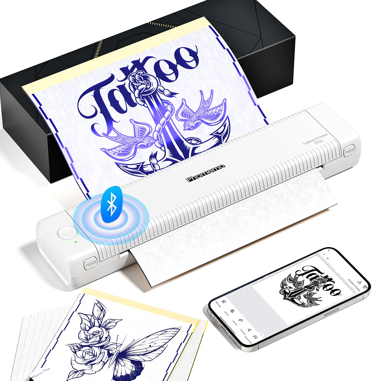 Phomemo TP81 Wireless Tattoo Stencil Printer with 10 Transfer Papers - Portable Tattoo Printing Machine for Artists & Beginners - Works with Smartphone, Tablet & PC - Perfect for Tattoo Studio & Home Use - White