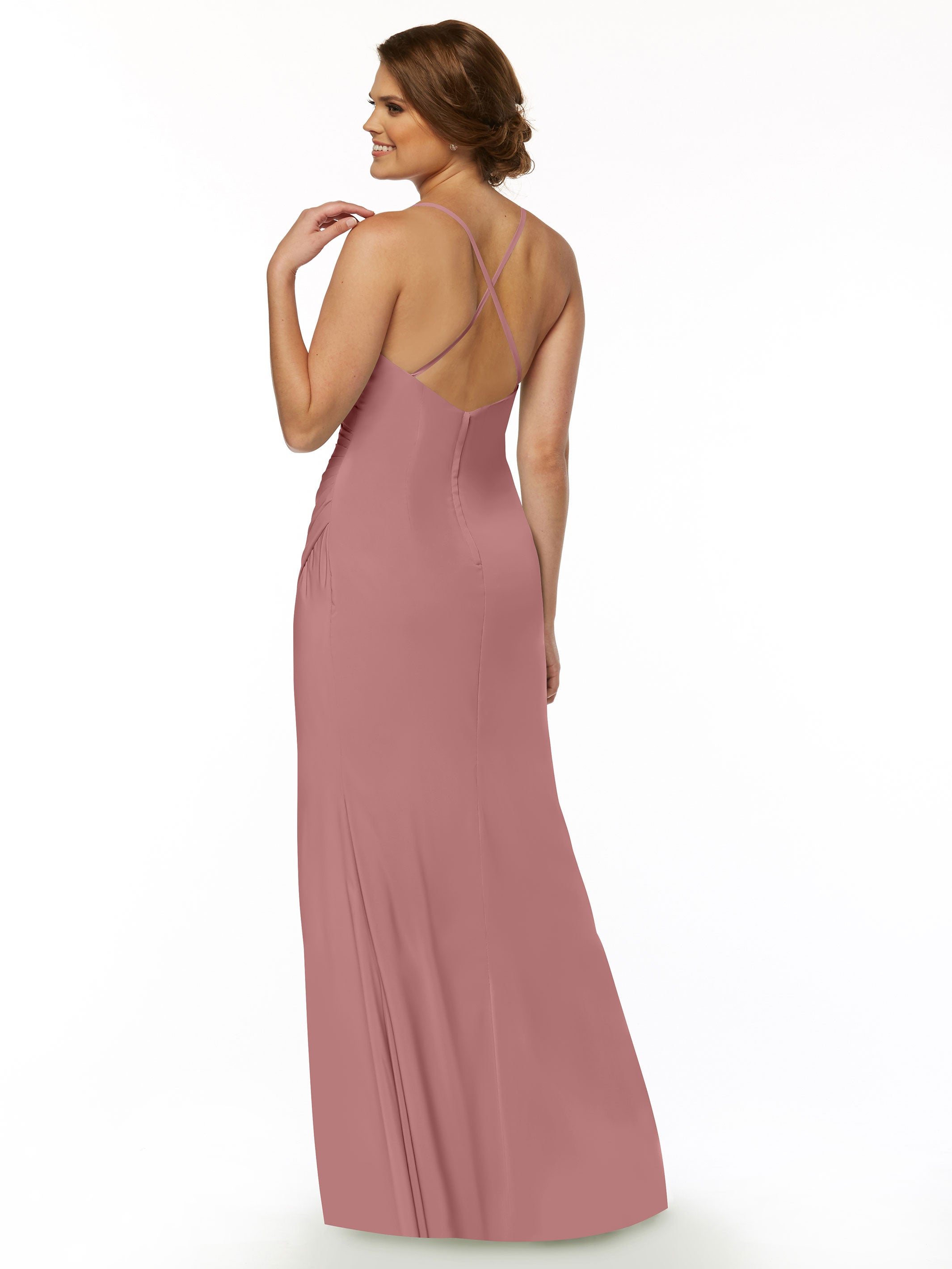 Elegant 80114 Stretch Chiffon Sheath Bridesmaid Dress with Ruching and High Slit - Perfect for Weddings, Formal Events & Evening Parties