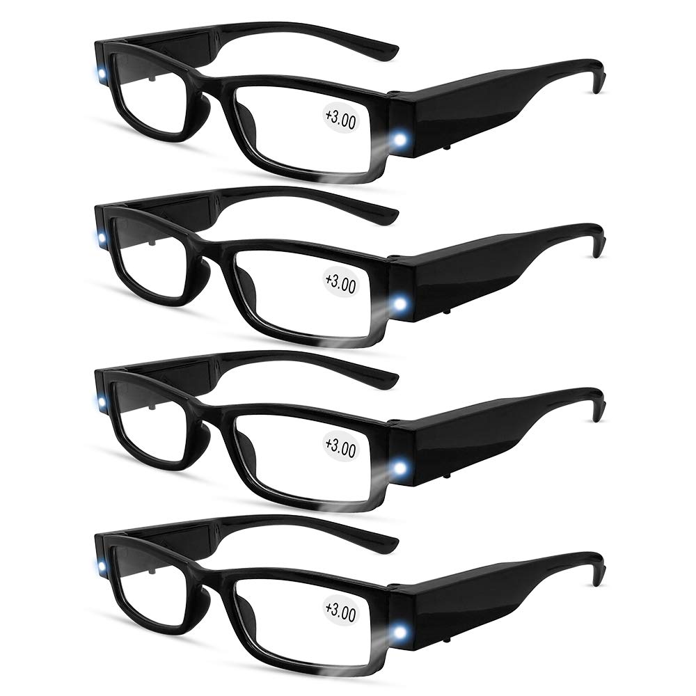 LED Reading Glasses with Lights - Fashionable Magnifying Eyewear for Men & Women - Clear Vision Nighttime Readers with Full Frame & Compact Design - Perfect for Reading in Bed, Travel, or Low Light Conditions (+300)