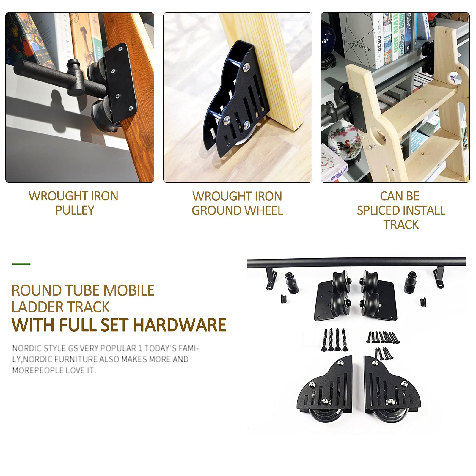 Sliding Barn Door Kit 3.3ft-20ft with Floor Roller Wheels - Heavy Duty Extension Rolling Library Rail System - Complete Hardware Set (No Ladder Included) - Retractable Round Tube Mobile Ladder Track for Loft, Home, Indoor, Bookstore, Office, Warehouse, and Garage Use