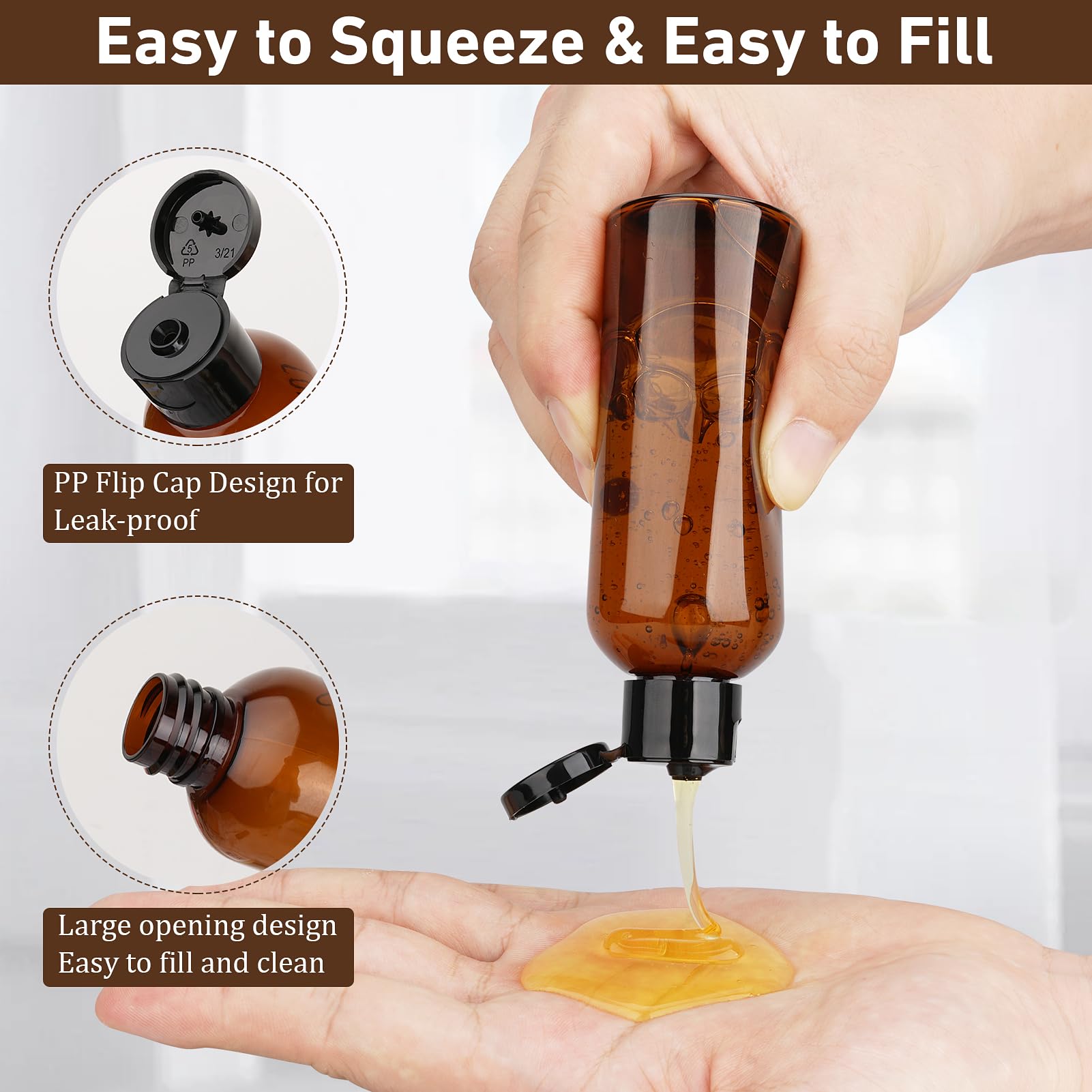 6 Pack 3.4oz TSA Approved Leak Proof Travel Bottles for Shampoo, Conditioner & Toiletries | Reusable Plastic Squeeze Containers | Perfect for Airplane Carry-On, Gym & Vacation Essentials (Brown)