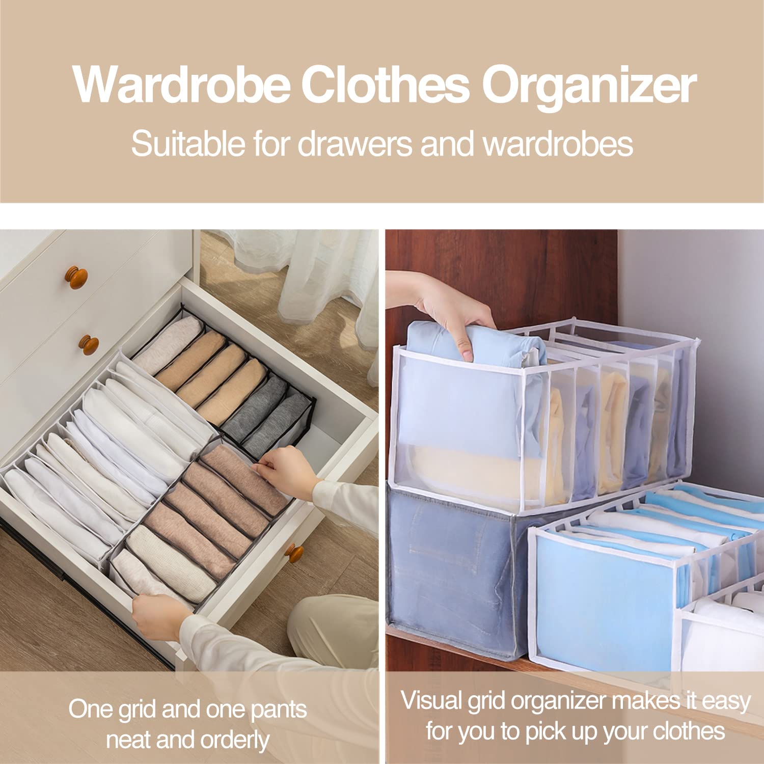 7-Grid Washable Foldable Mesh Closet Organizer for Underwear, Socks, Scarves & Jeans - Portable Storage Drawer for Bedroom, Travel & Dorm Organization (Grey, 2 Jeans Grid)