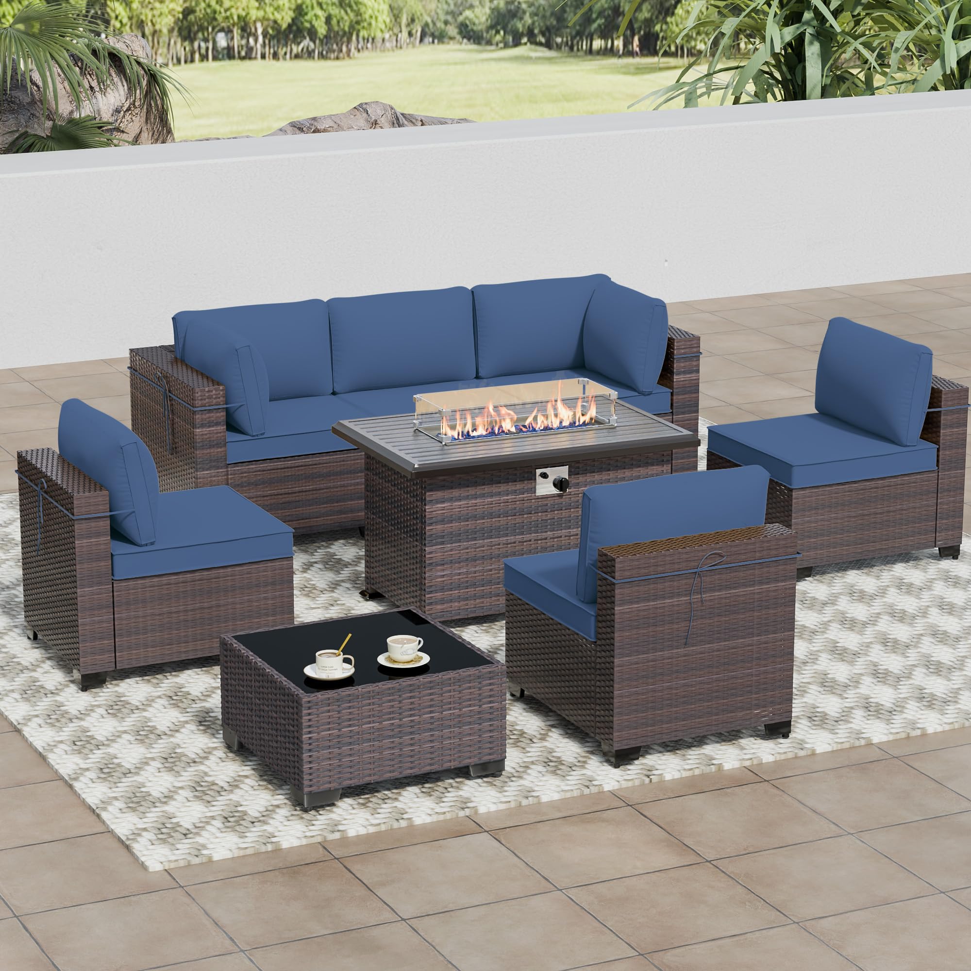 8-Piece Outdoor Patio Furniture Set with 55000 BTU Propane Fire Pit Table - PE Wicker Rattan Sofa Conversation Set & Sectional Furniture with Tempered Glass Top - Navy Blue - Perfect for Backyard, Garden, and Poolside Relaxation