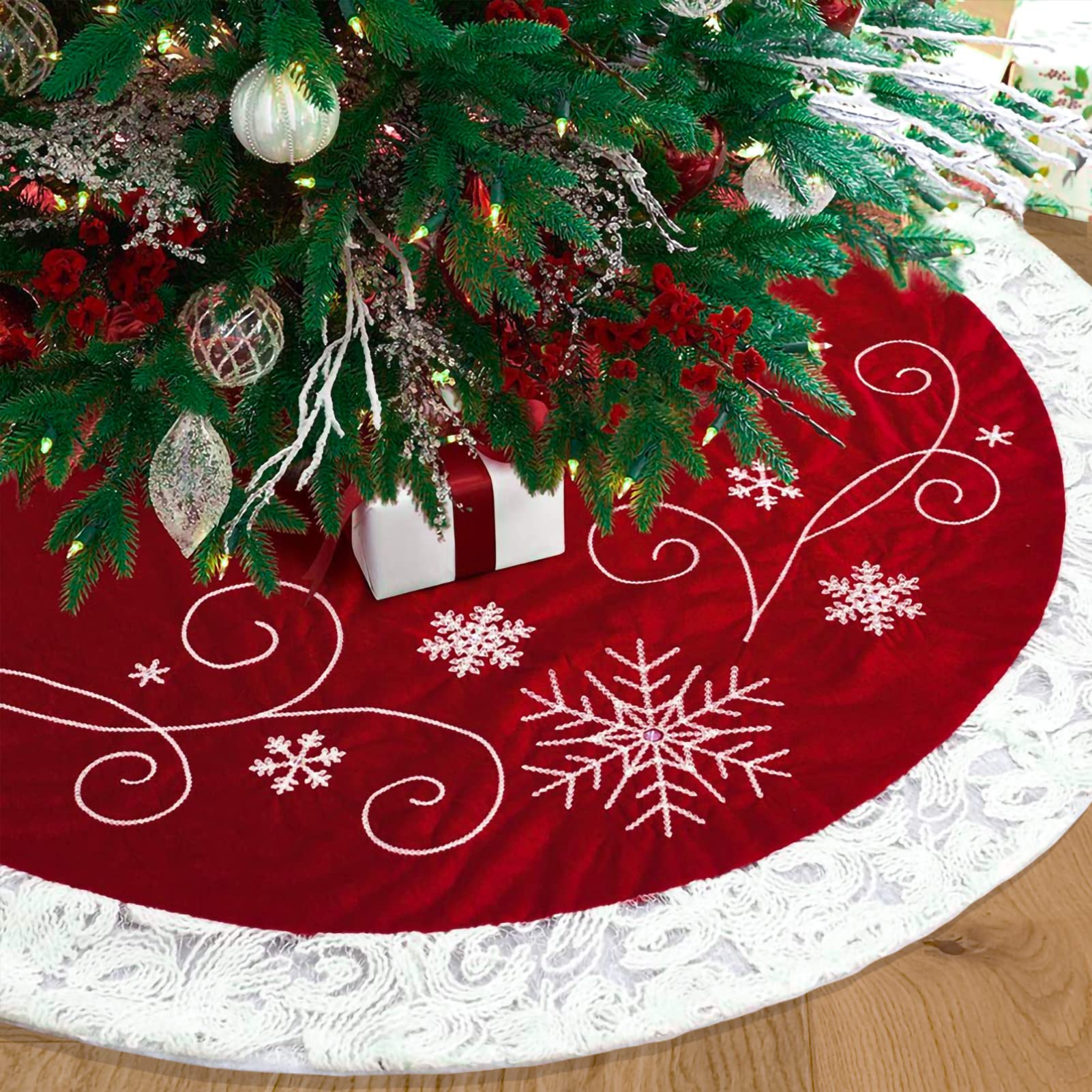 48 Inch Red Velvet Christmas Tree Skirt - Embroidered Snowflake Design with Elegant White Lace Trim | Perfect for Holiday Decor, Xmas Parties & Festive Home Styling