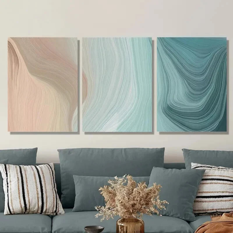 3Pcs Abstract Line Art Metal Prints - Brown & Turquoise Ready to Hang Wall Decor for Living Room, Bedroom & Office