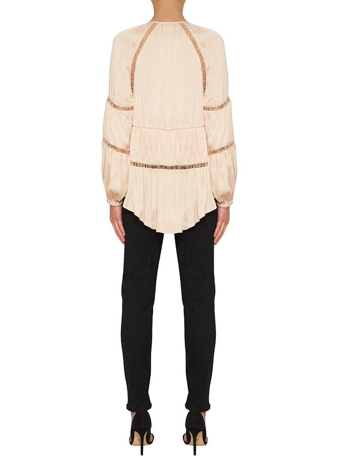 Elegant Wide Sleeve Blouse for Women - Nude Color Chinese Style Top for Casual Wear & Office Outfits